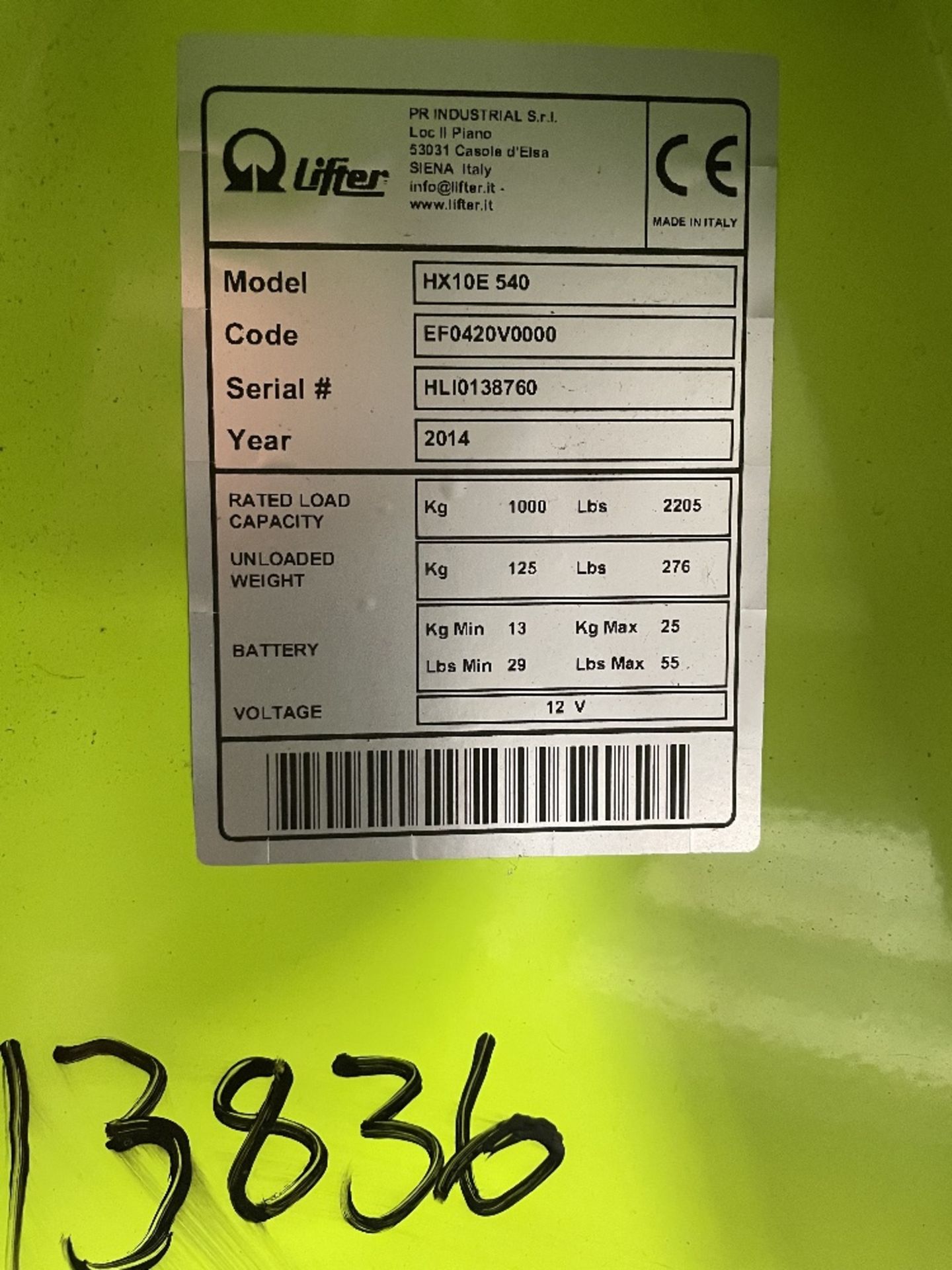 Pramac HX10E 540 Electric High Lift 1000kg Pallet Truck | YOM: 2014 - Image 3 of 4