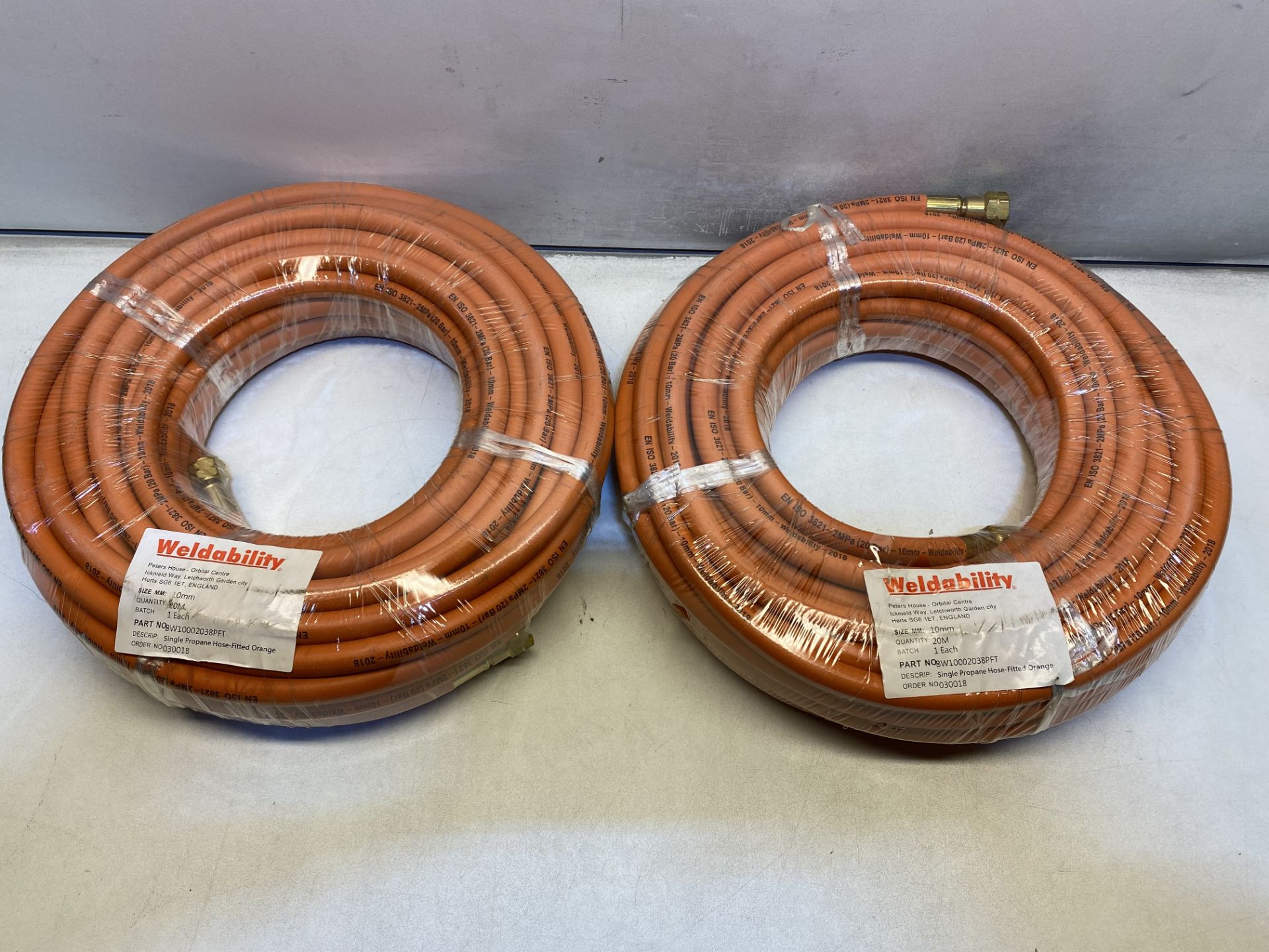 2 x Weldability 10MM 20MTR 3/8 FITTED ORANGE HOSE