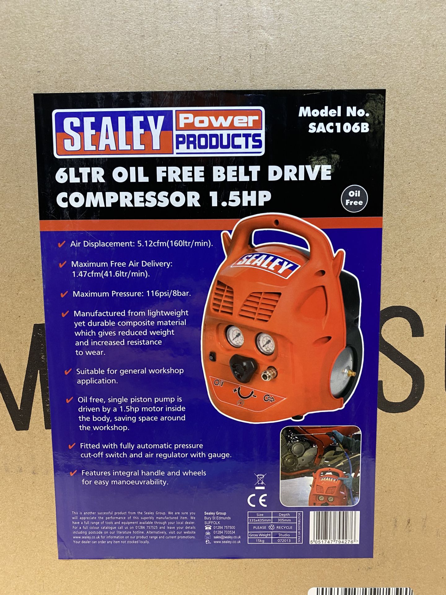 Sealey SAC106B 6 LTR Oil Free Belt Drive Compressor 1.5HP