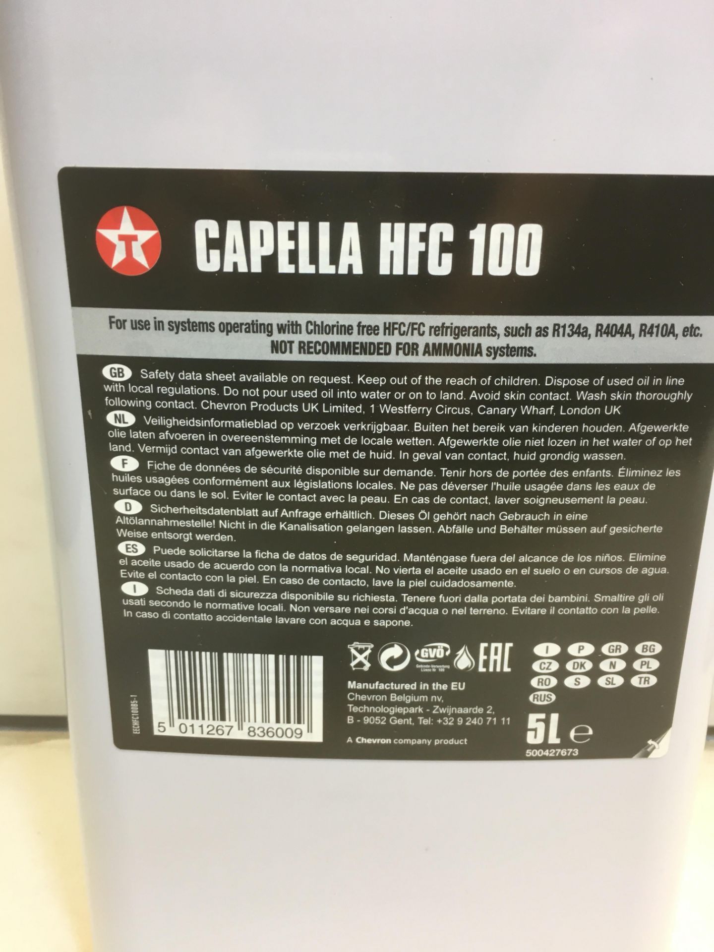 2 x Capella HFC 100 Synthetic Refrigeration Lubricant - 5L - Image 3 of 3