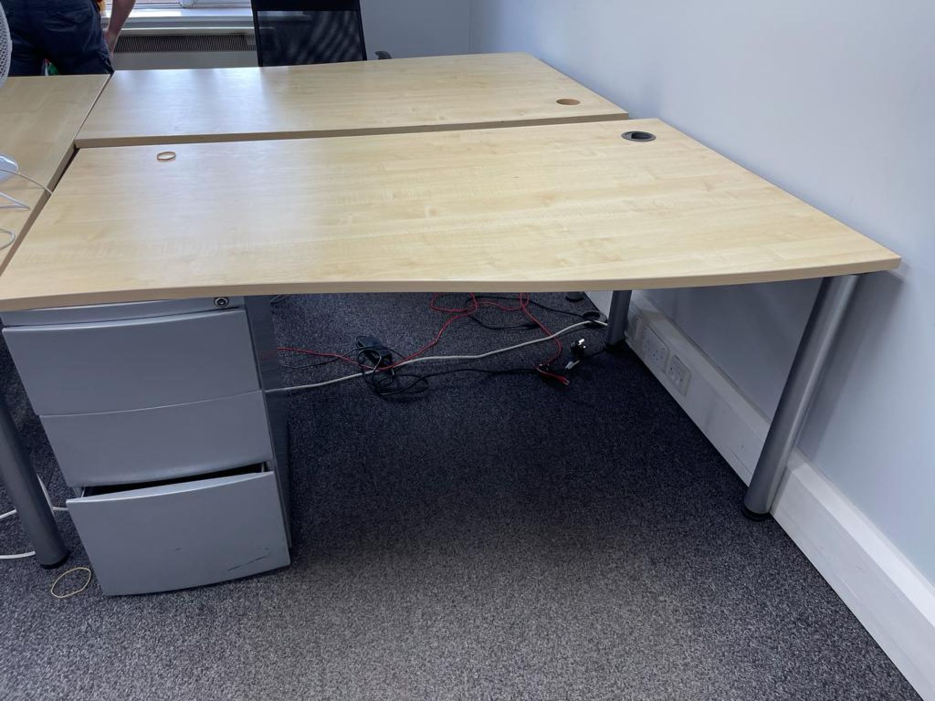 3 x Light Wood Effect Office Desks/W 3 Drawer Metal Pedestal