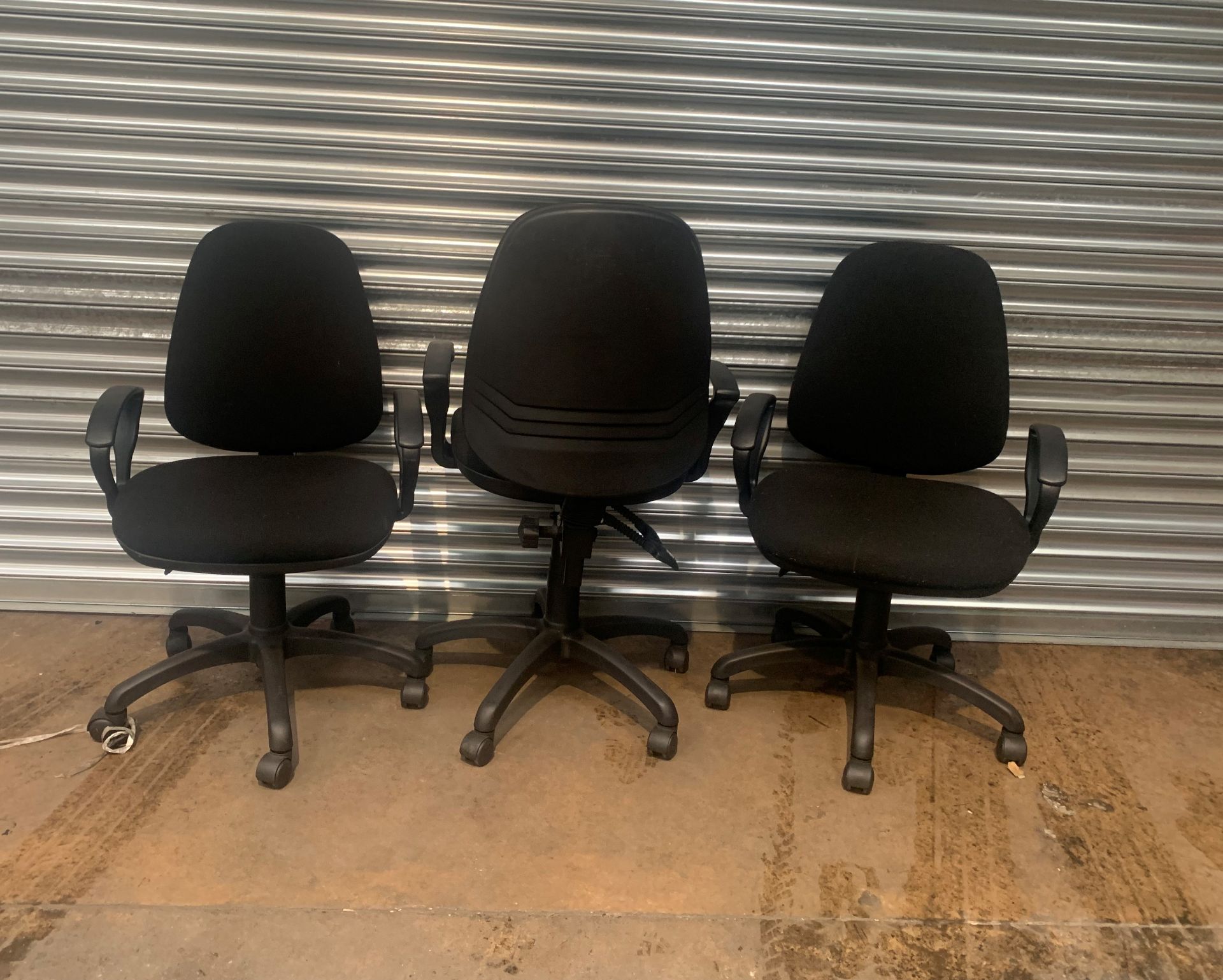 3 x Black Fabric Wheeled Office Chairs