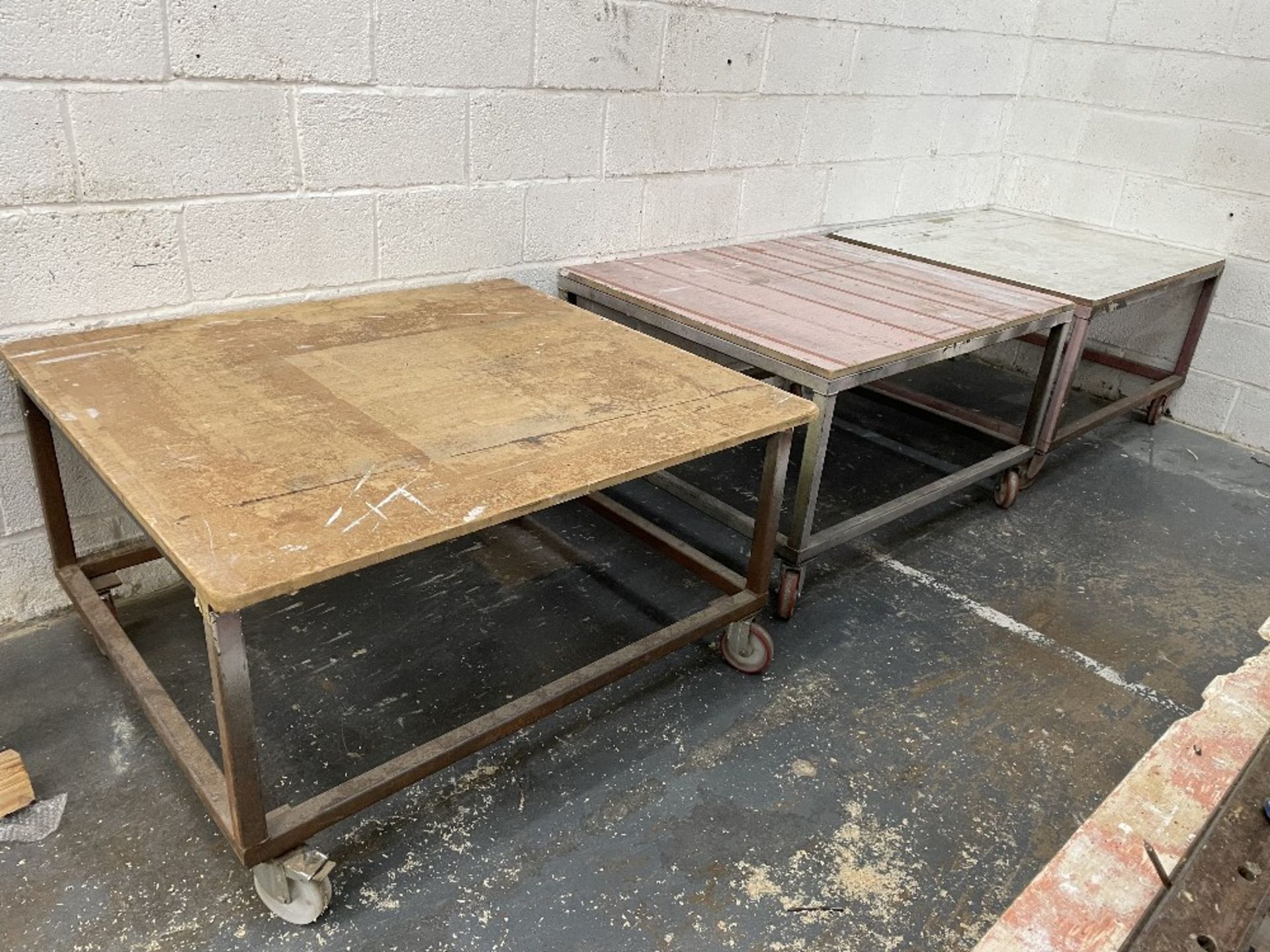 3 x Wood Topped Mobile Fabricated Tables
