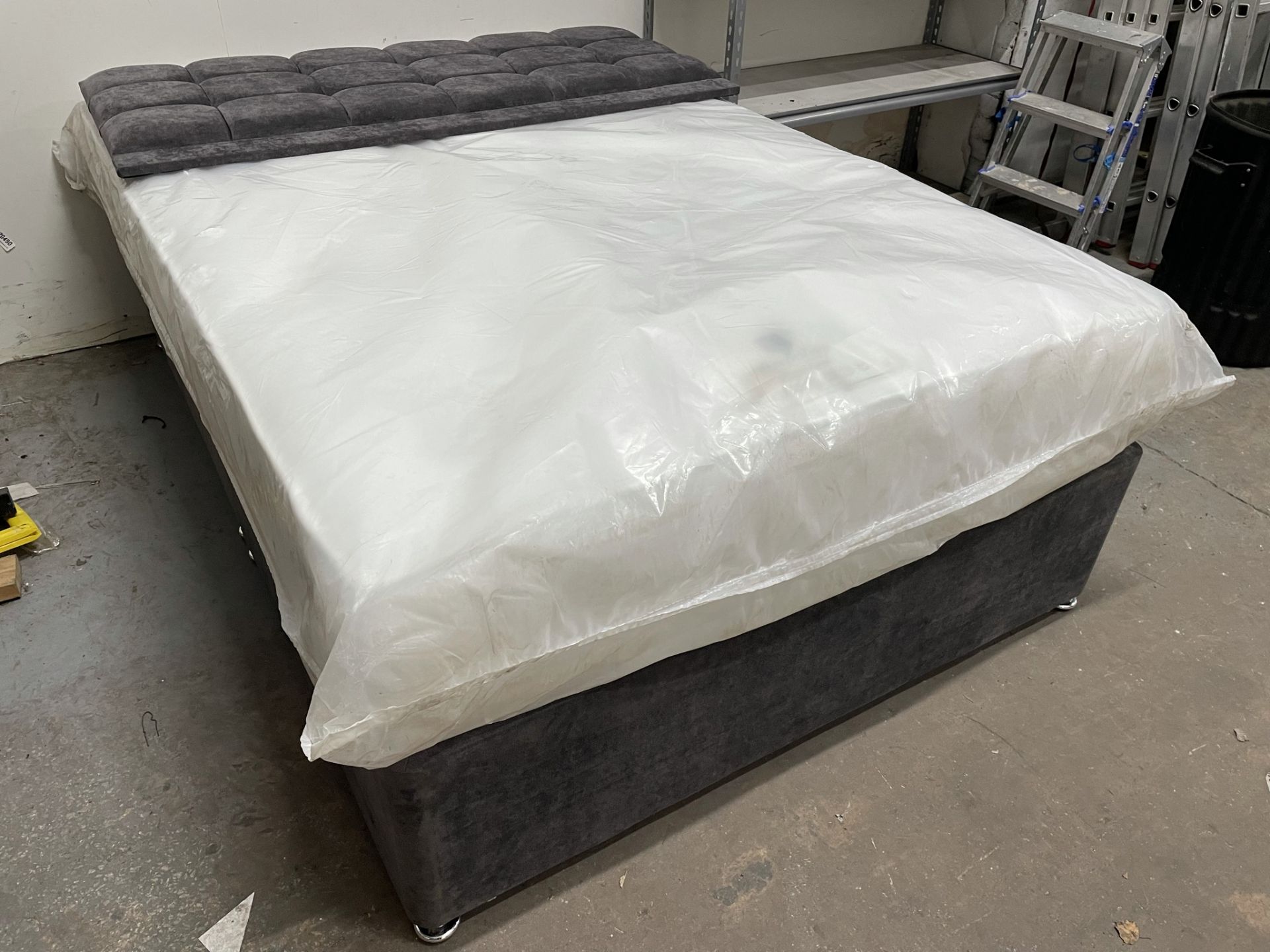 Ex Display Crushed Velvet Effect Double Divan Bed w/ Headboard & Mattress in Grey