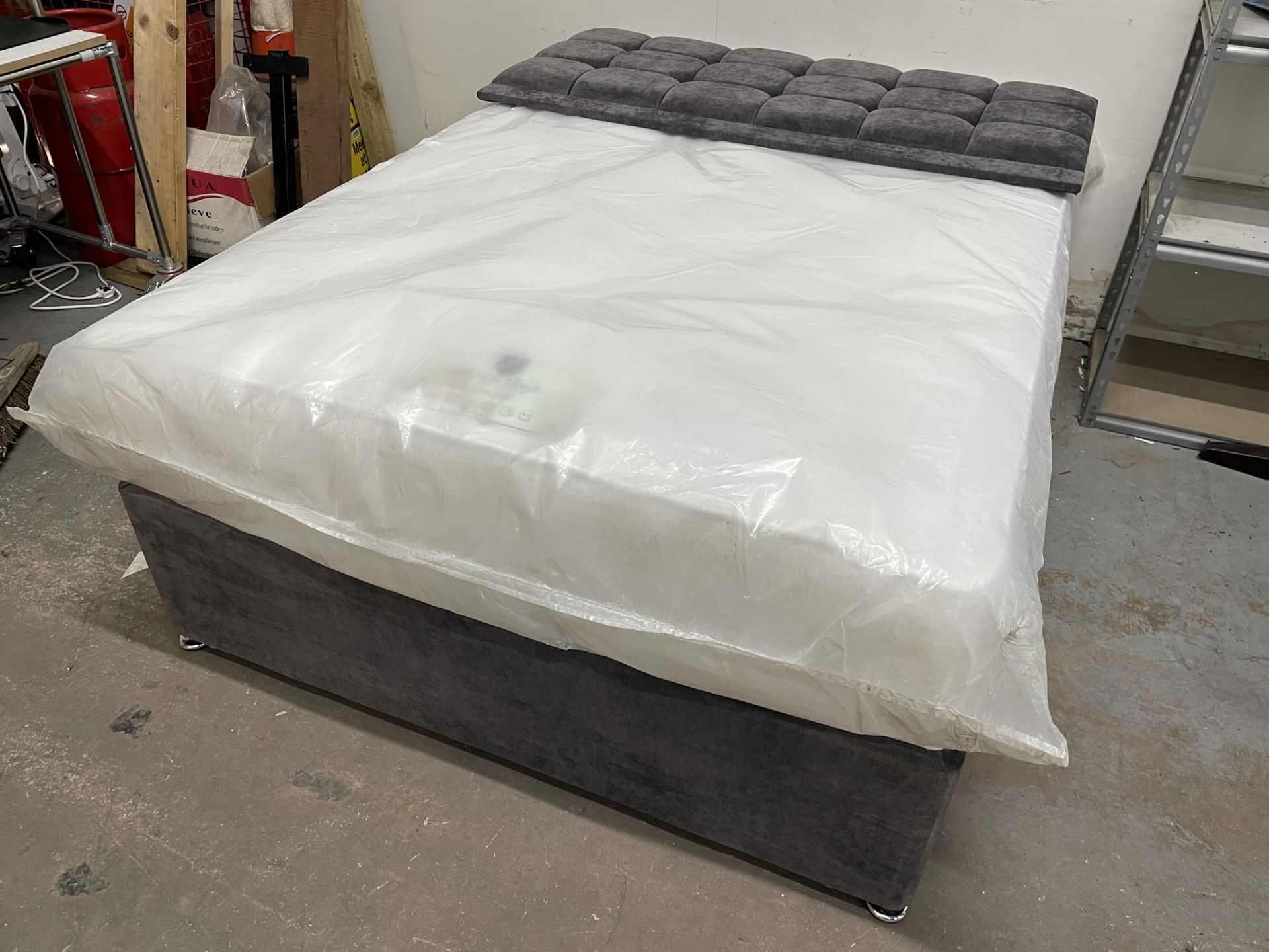 Ex Display Crushed Velvet Effect Double Divan Bed w/ Headboard & Mattress in Grey - Image 3 of 6