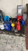 Qty various oils, grease, bunded pallet and grease pump, as photos