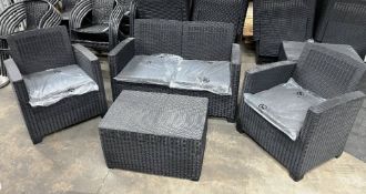 Unused Rattan Effect Outdoor Seating Set w/ Sofa, 2 x Armchairs & Storage Coffee Table