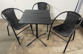 2 x Sets of 3 x Unused Grenaa Rattan Effect Stacking Chairs w/ Wood Effect Table