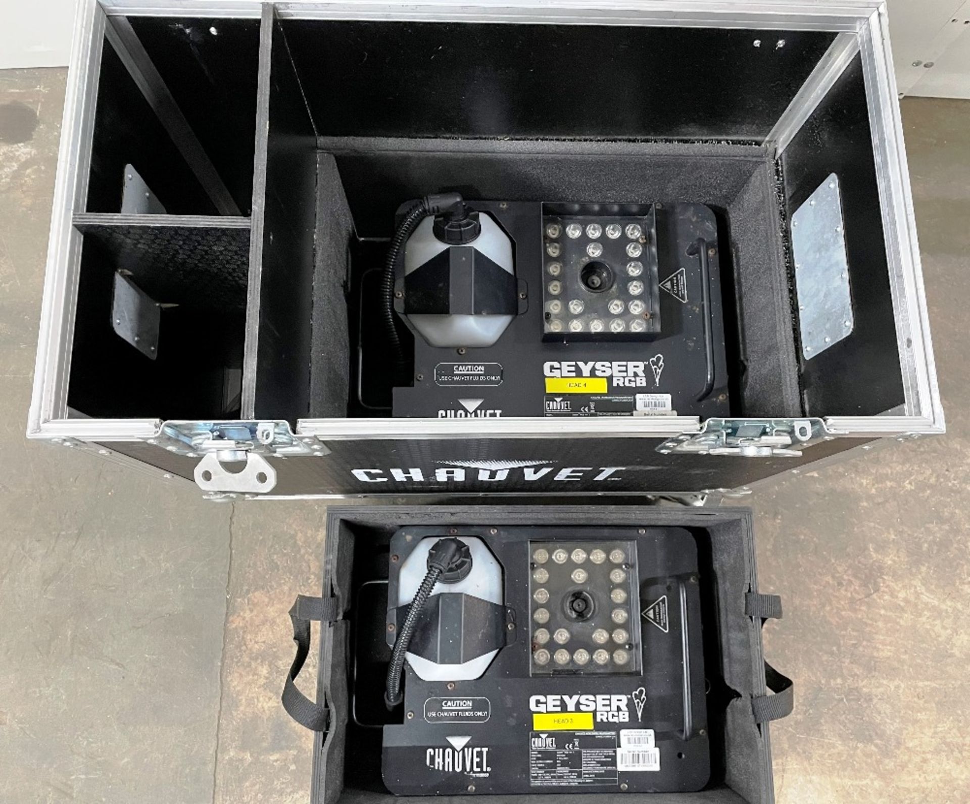 2 x Chauvet DJ Geyser RGB Vertical Smoke Machines w/ RGB LEDs w/ Flight Case & Remote Controls - Image 4 of 9
