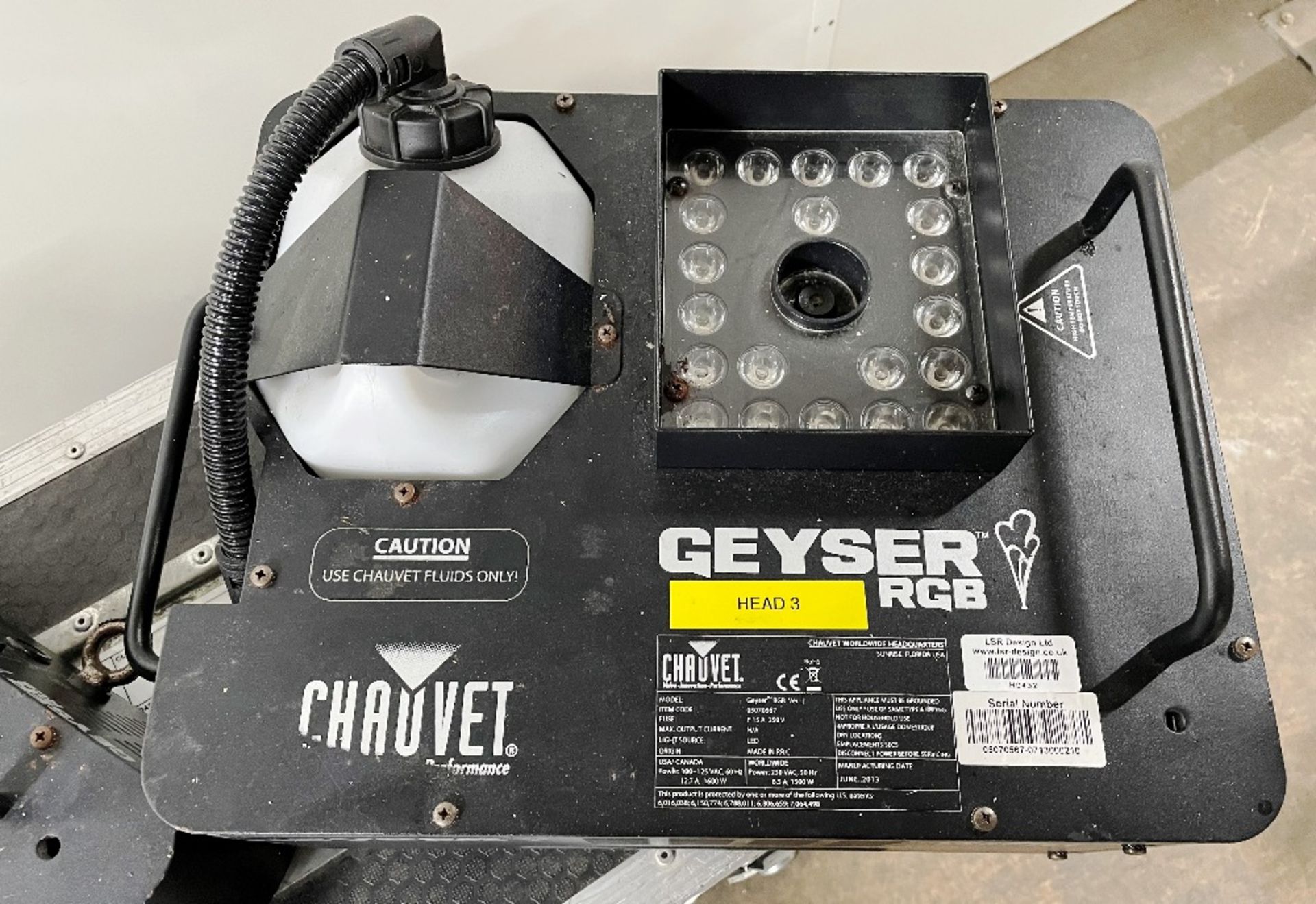 2 x Chauvet DJ Geyser RGB Vertical Smoke Machines w/ RGB LEDs w/ Flight Case & Remote Controls - Image 8 of 9