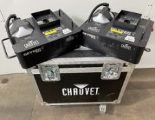 2 x Chauvet DJ Geyser RGB Vertical Smoke Machines w/ RGB LEDs w/ Flight Case & Remote Controls