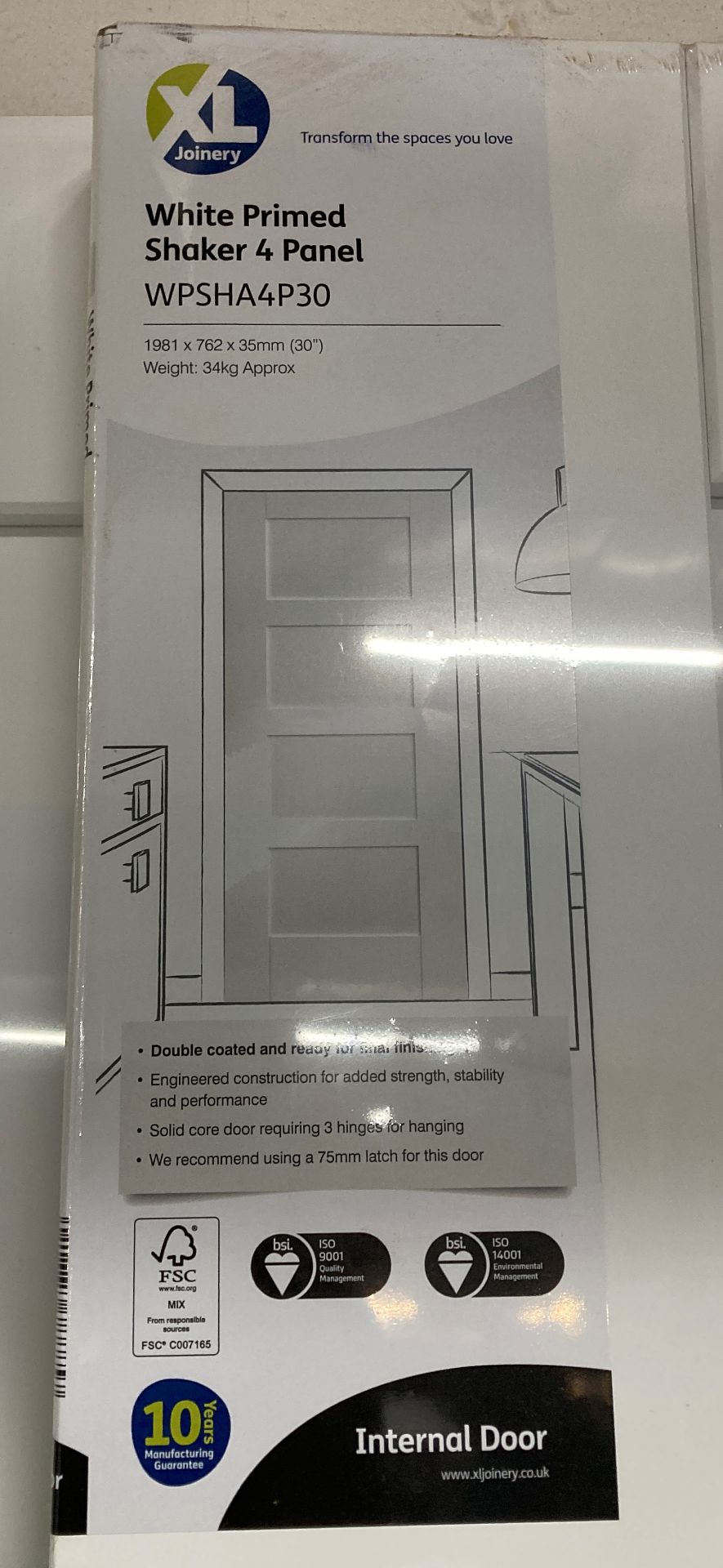 2 x XLJoinery Shaker 4-Panel Engineered Solid Core Internal Wooden Doors | White Primed | WPSHA4P30 - Image 2 of 2