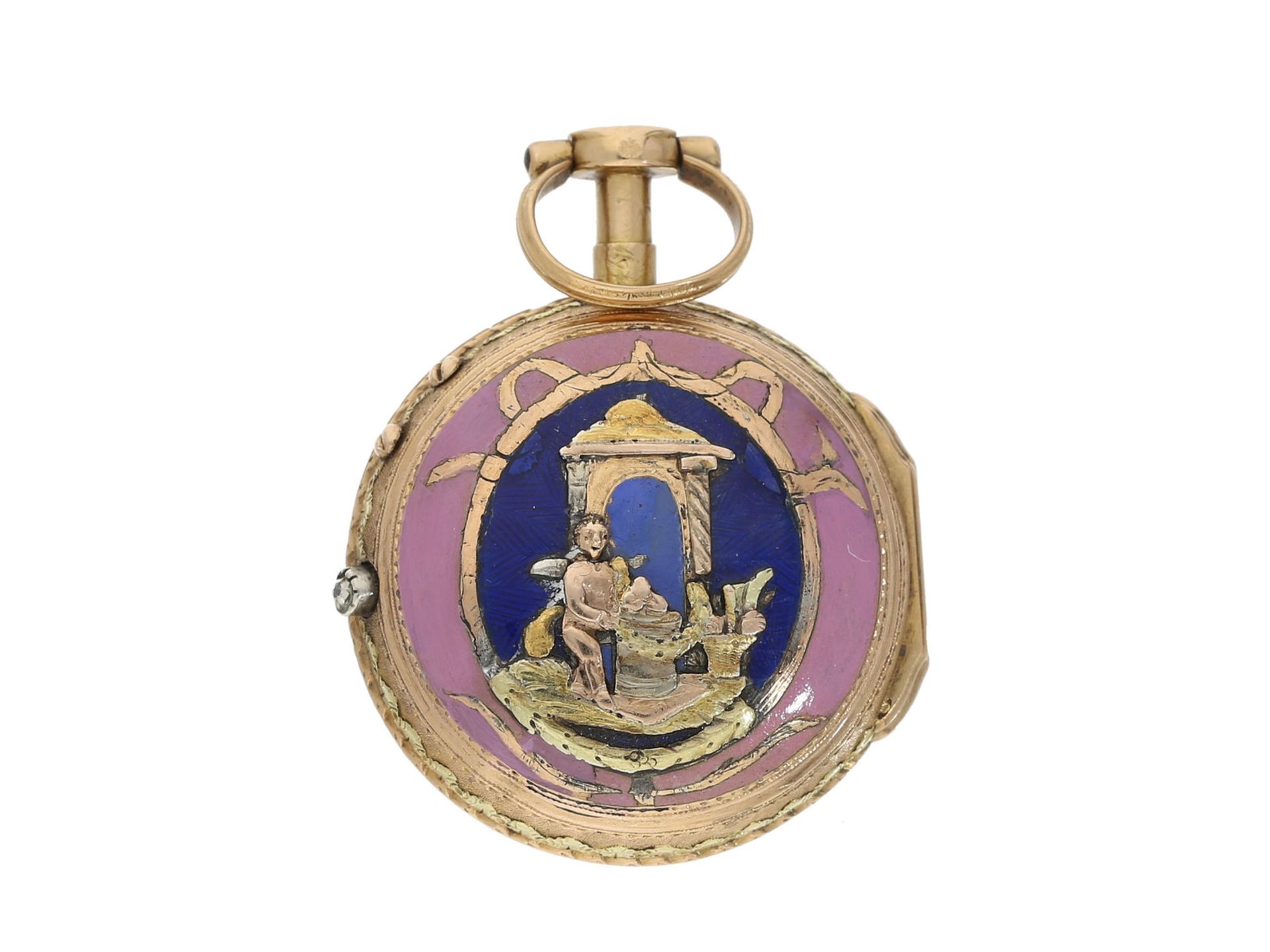 Taschenuhr: sehr kleine und seltene 18K Gold Louis XV Spindeluhr mit Emaillegehäuse und Diamant