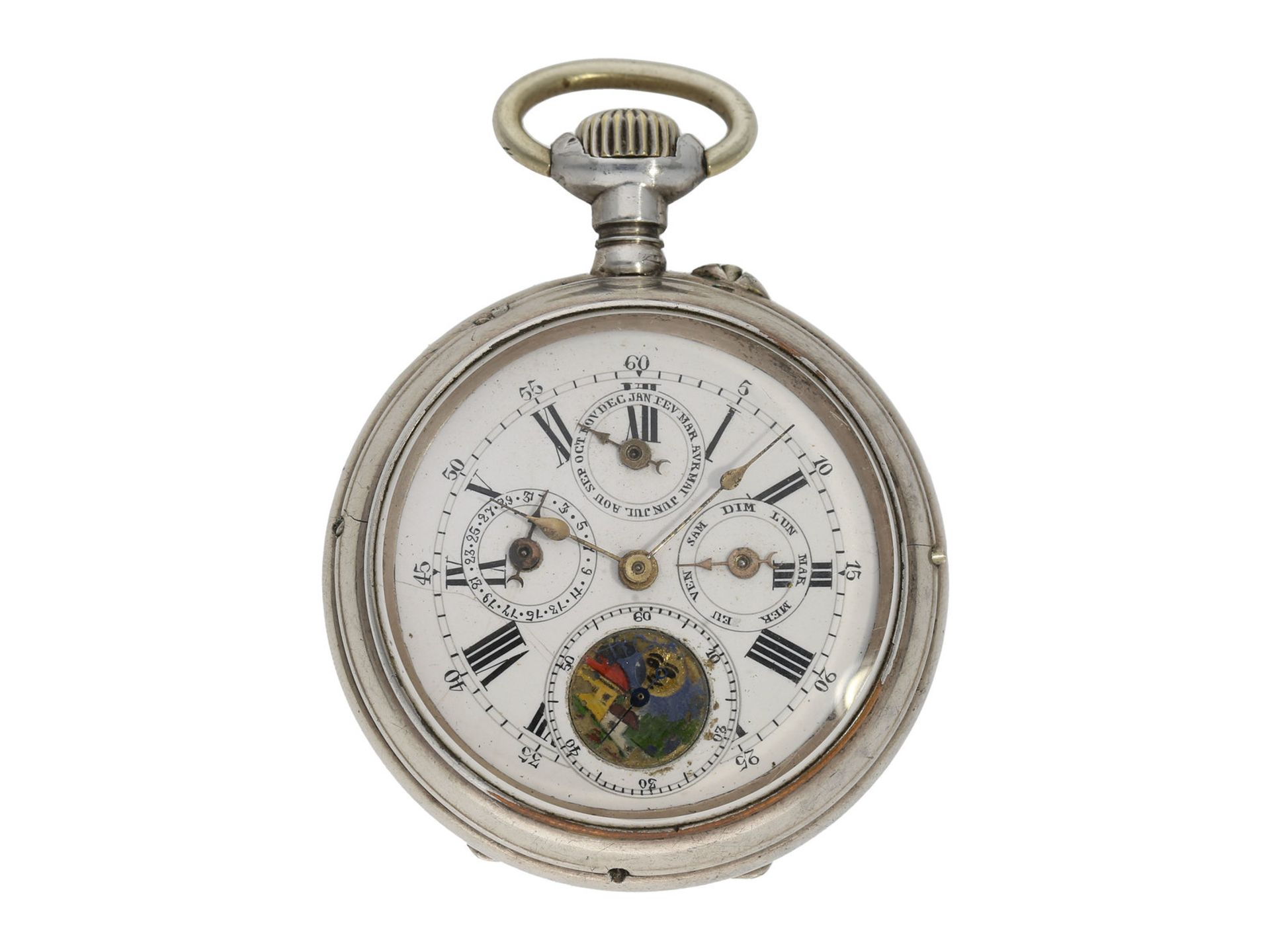 Taschenuhr: silberne astronomische Taschenuhr mit Vollkalender, ca. 1890Ca. Ø50mm, ca