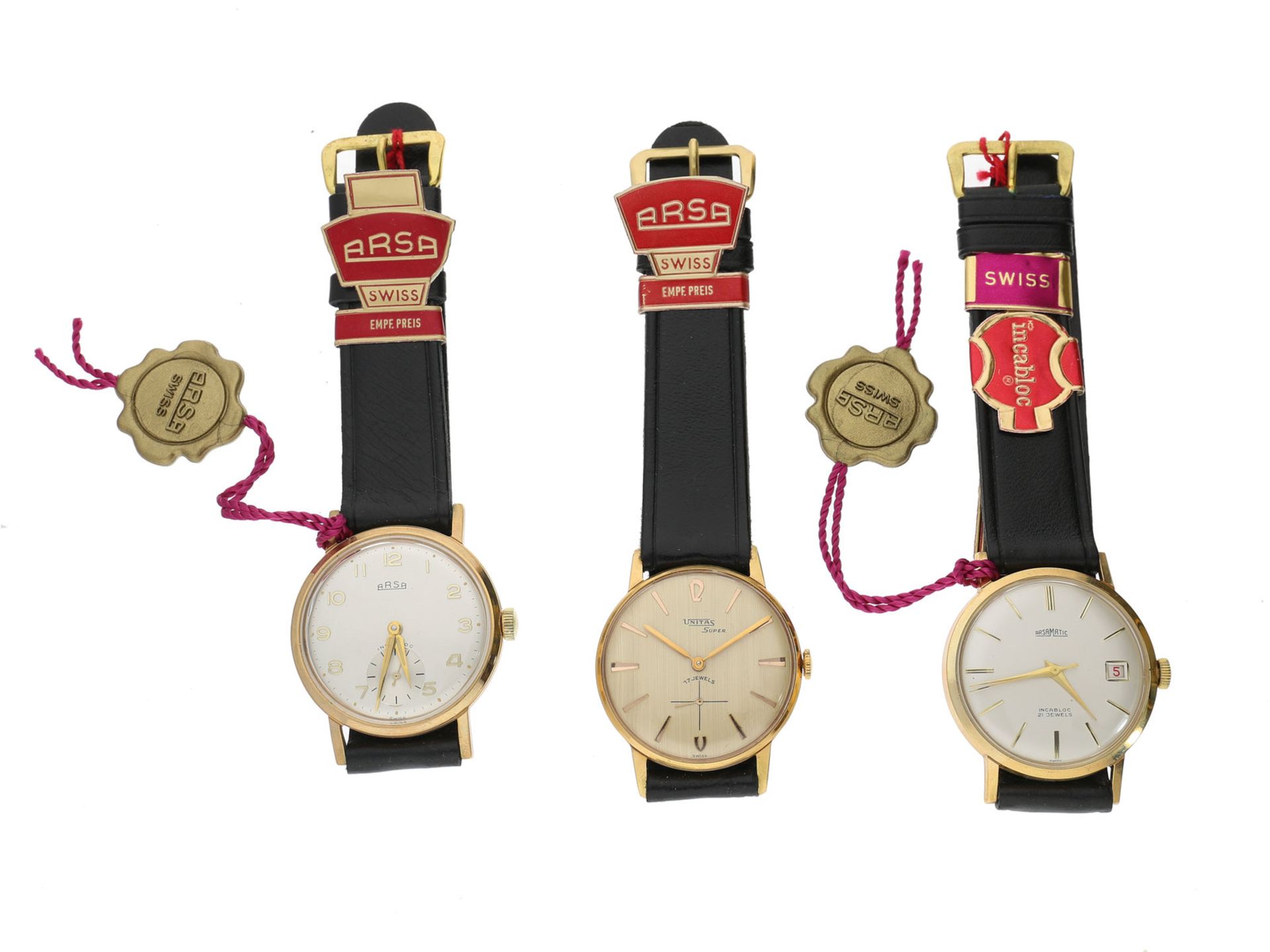 Armbanduhr: vintage Display-Box mit 3 new-old-stock Herrenuhren der Marke Arsa/Unitas, 50er/60er