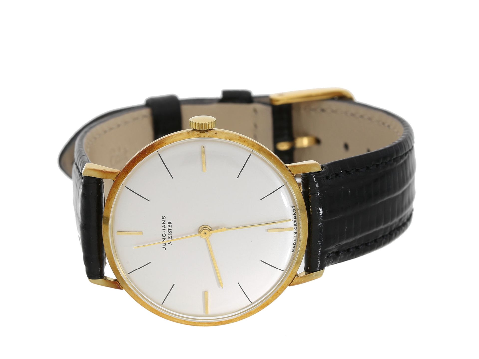 Armbanduhr: goldene Junghans "Meister" mit Zentralsekunde, ca. 1960, mit OriginalboxCa