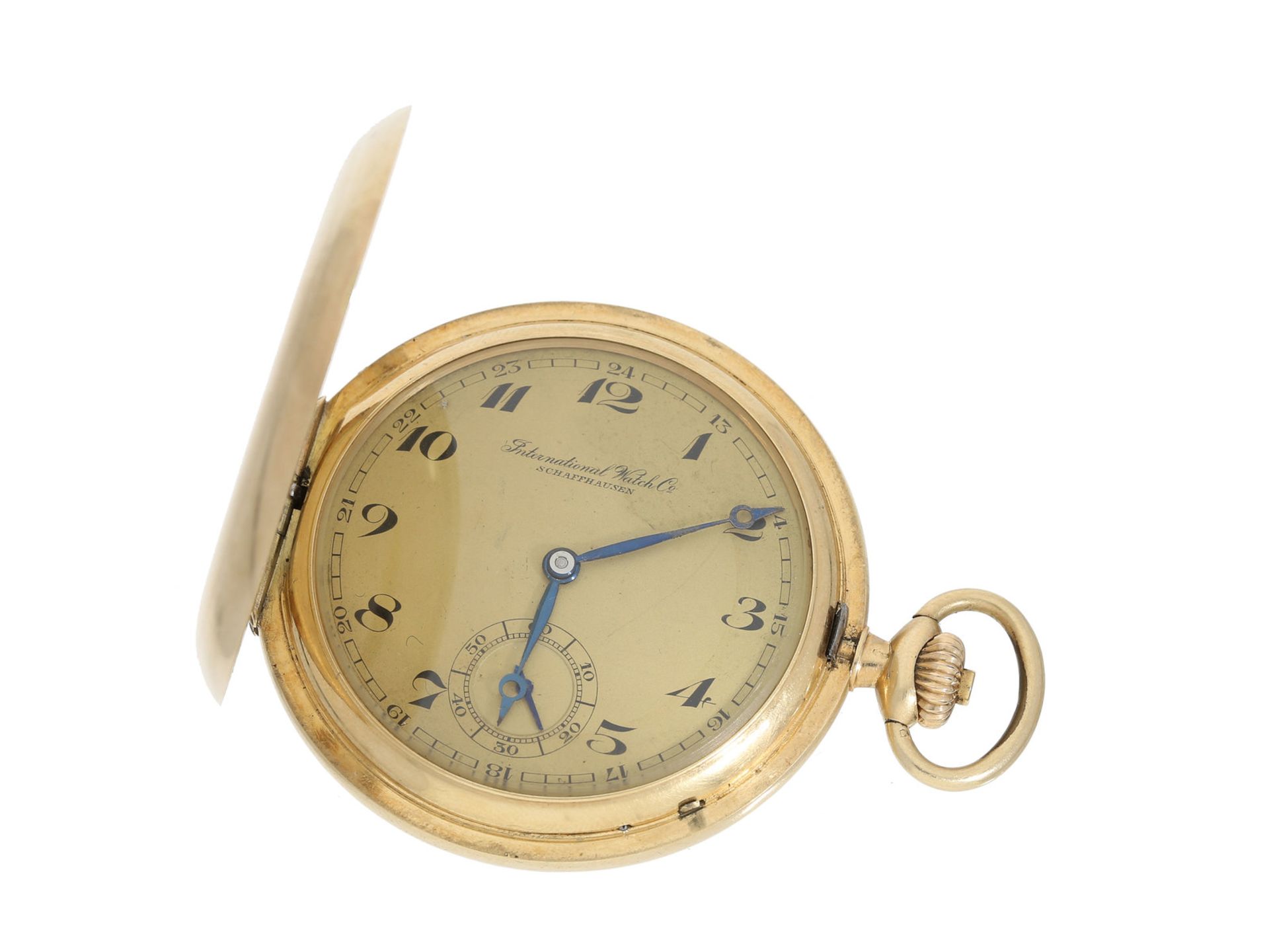 Taschenuhr: sehr schöne massive 14K Gold Savonnette der Marke IWC, ca. 1924Ca. Ø49mm