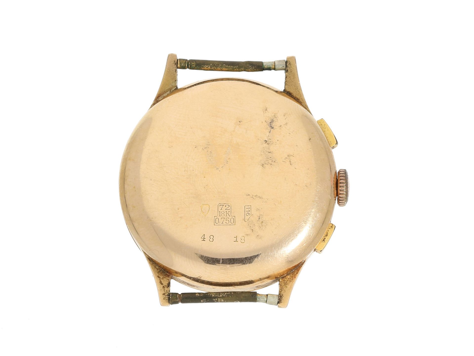 Armbanduhr: attraktiver rotgoldener Chronograph "Antimagnetique" mit schwarzem Zifferblatt, ca.1 - Bild 2 aus 2