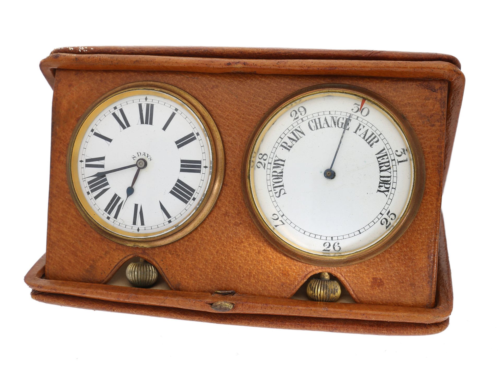 Taschenuhr/Reiseuhr: attraktives englisches Reiseetui mit Uhr und Barometer, sog. Wetterstation,