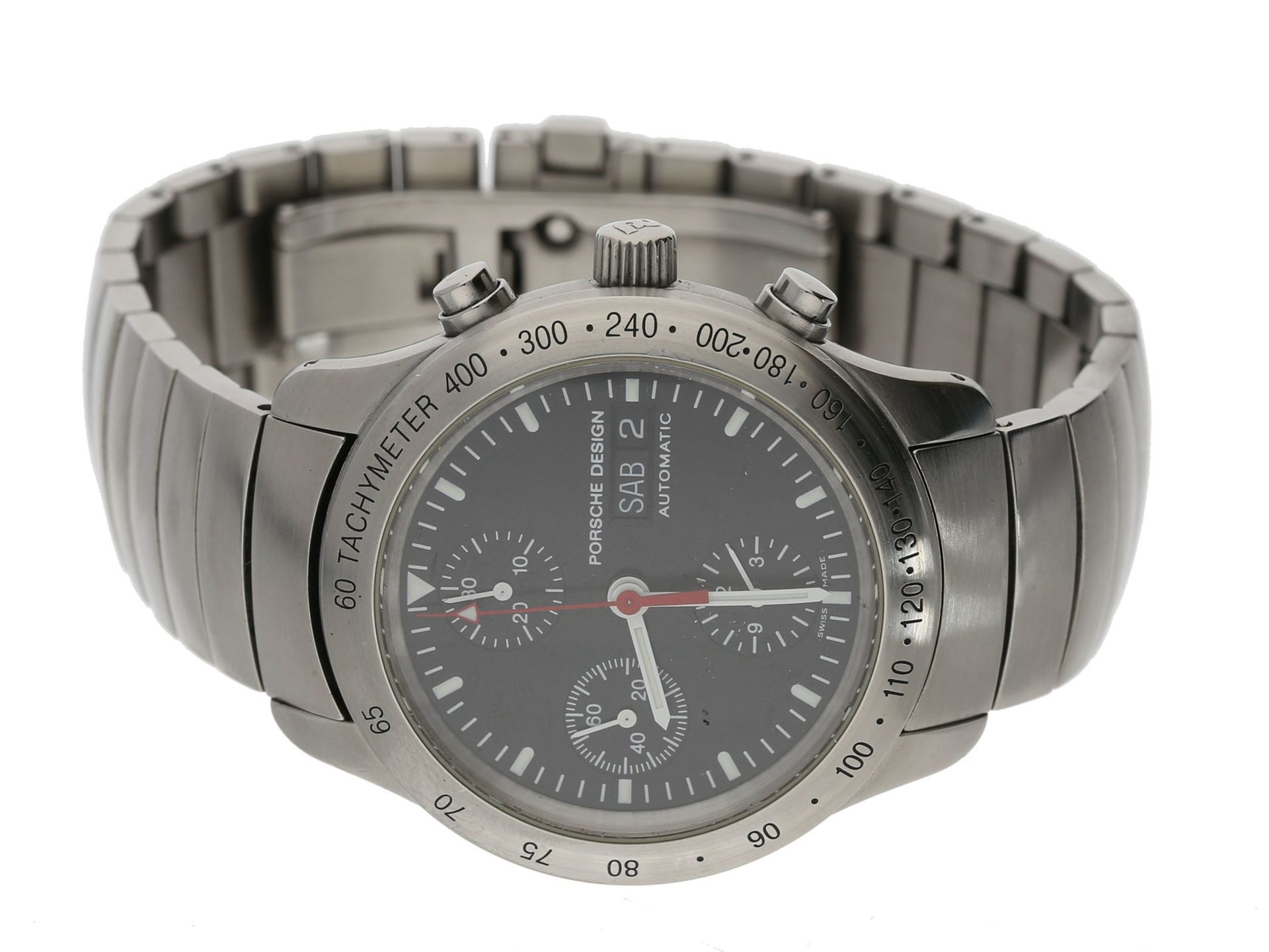 Armbanduhr: sportlicher Chronograph mit Box und Papieren, Eterna Porsche Design P10 Ref.6605.41,