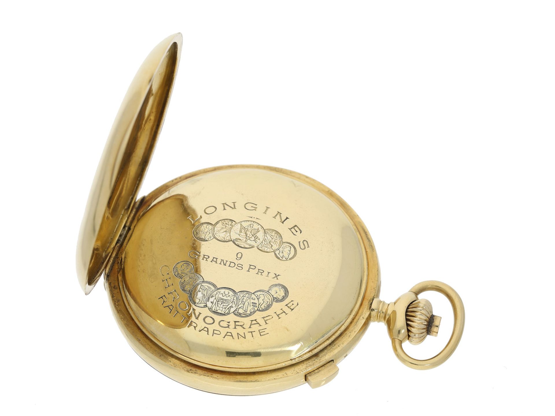 Taschenuhr: hochfeiner und sehr seltener goldener Longines Schleppzeigerchronograph mit Register - Image 3 of 4