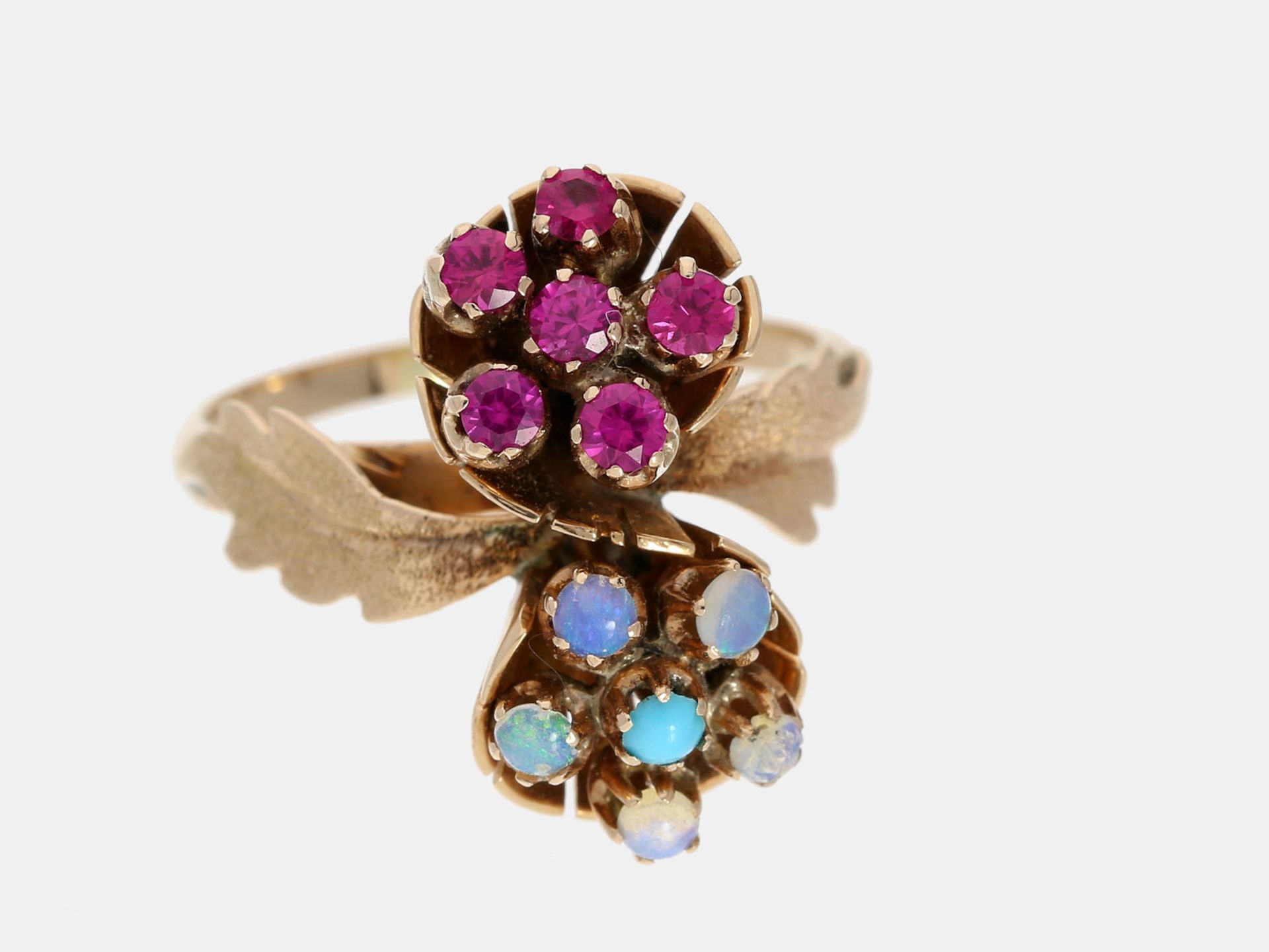 Ring: außergewöhnlicher, vintage Goldschmiedering mit Rubinen, Opalen und TürkisCa.
