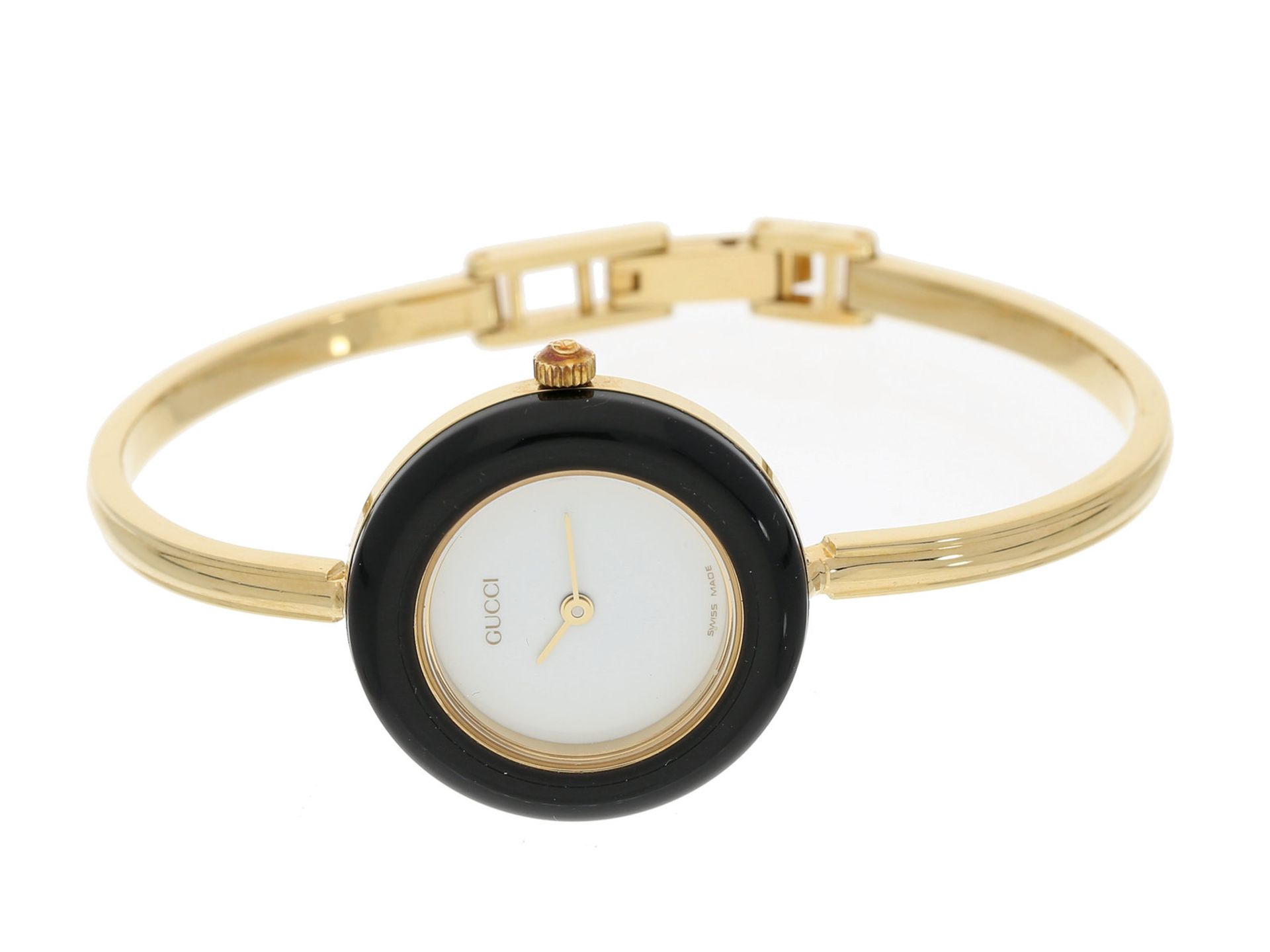 Armbanduhr: Designeruhr von Gucci mit 12 farbigen Wechsel-Lünetten, "Interchangeable Bezel", Or