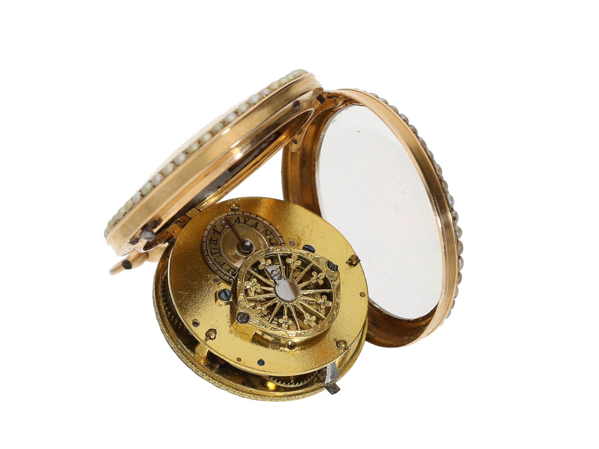 Anhängeuhr/Taschenuhr: filigrane 18K Gold Anhängeuhr besetzt mit Miniatur-Orientperlen, ca. 18 - Bild 2 aus 2