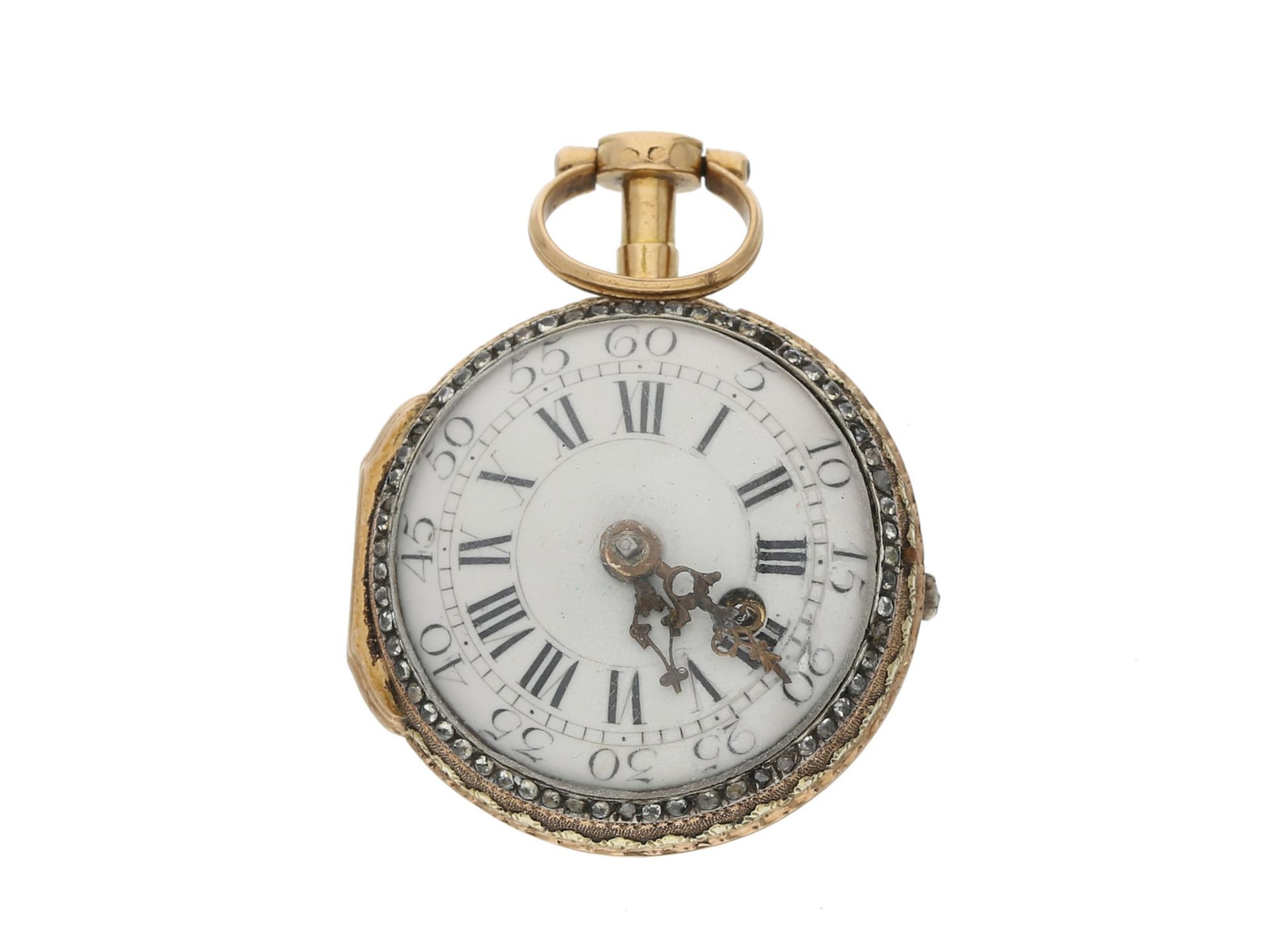 Taschenuhr: sehr kleine und seltene 18K Gold Louis XV Spindeluhr mit Emaillegehäuse und Diamant - Bild 2 aus 4