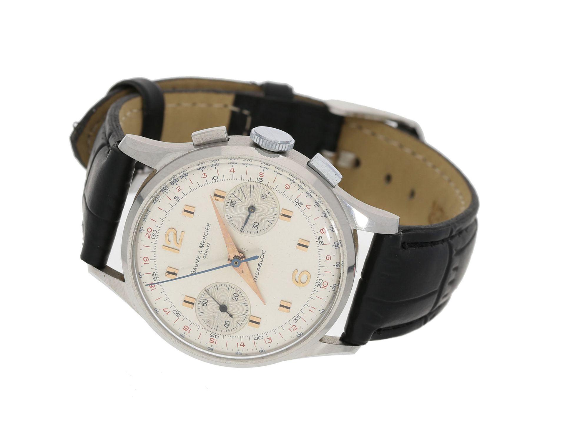 Armbanduhr: attraktiver Stahl-Chronograph, Baume & Mercier Geneve, 50er-JahreCa. Ø34m