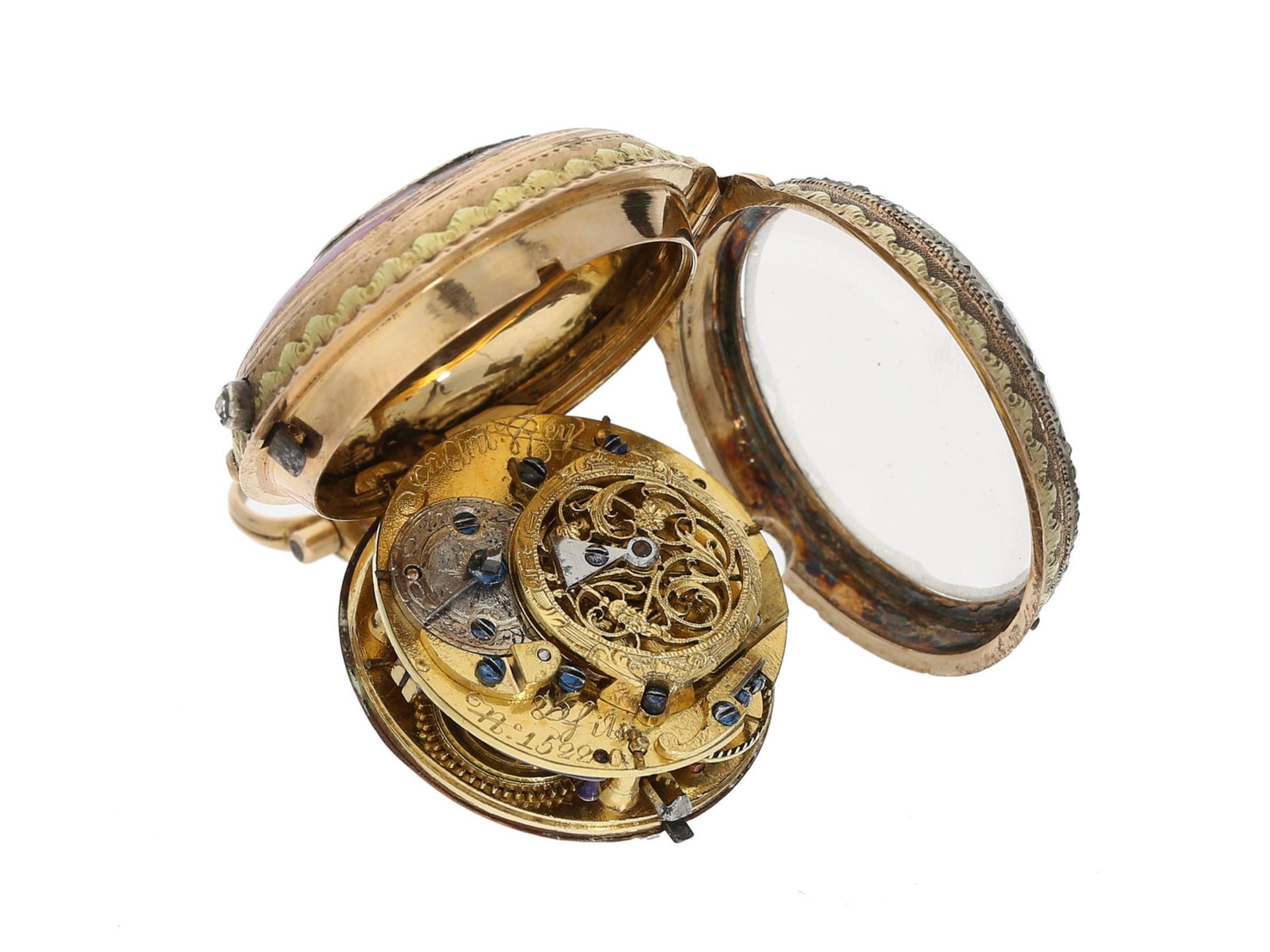 Taschenuhr: sehr kleine und seltene 18K Gold Louis XV Spindeluhr mit Emaillegehäuse und Diamant - Bild 4 aus 4