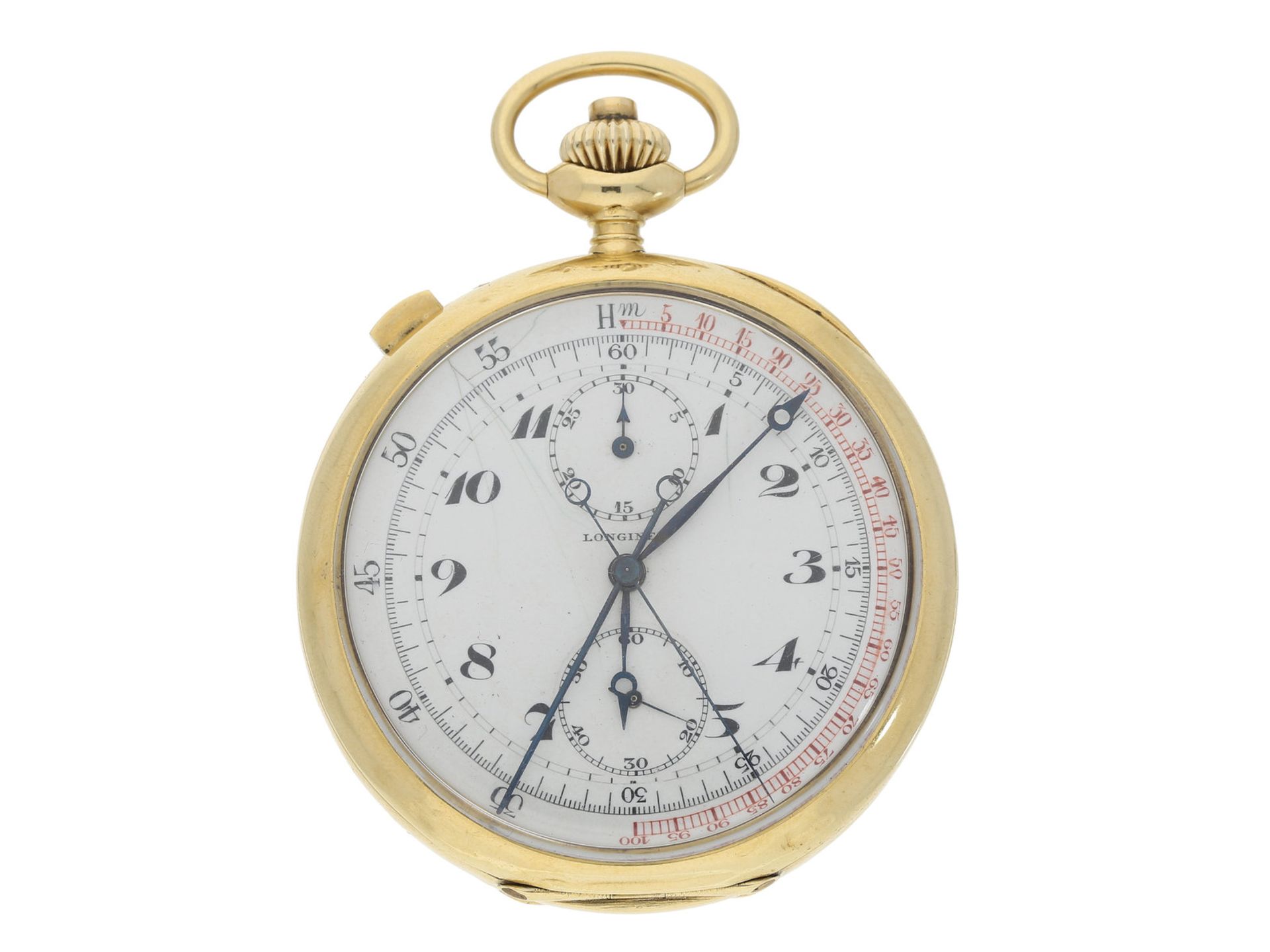 Taschenuhr: hochfeiner und sehr seltener goldener Longines Schleppzeigerchronograph mit Register