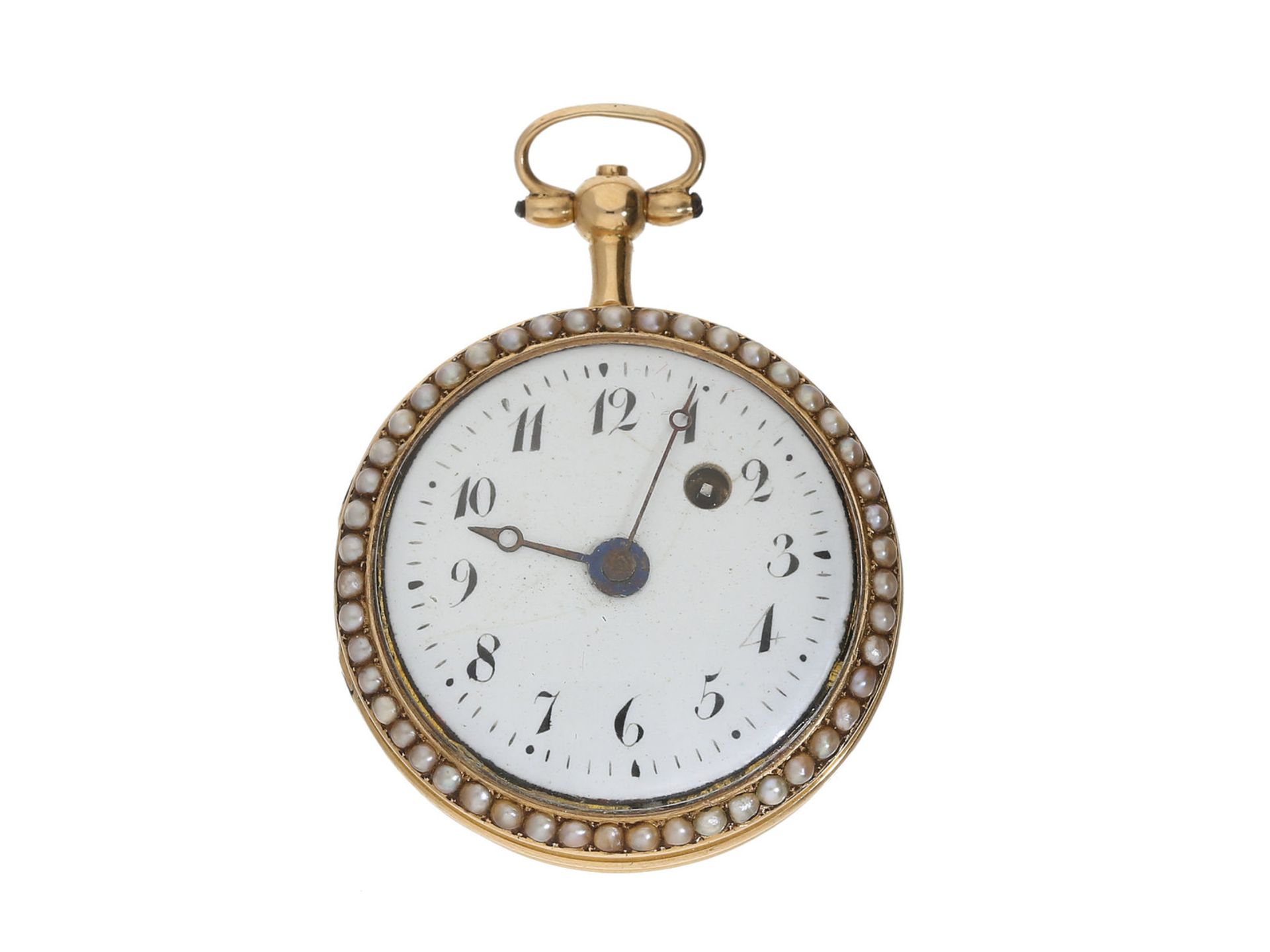 Anhängeuhr/Taschenuhr: filigrane 18K Gold Anhängeuhr besetzt mit Miniatur-Orientperlen, ca. 18