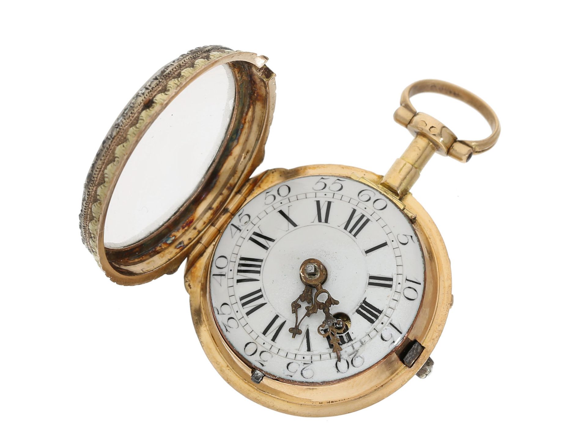 Taschenuhr: sehr kleine und seltene 18K Gold Louis XV Spindeluhr mit Emaillegehäuse und Diamant - Bild 3 aus 4