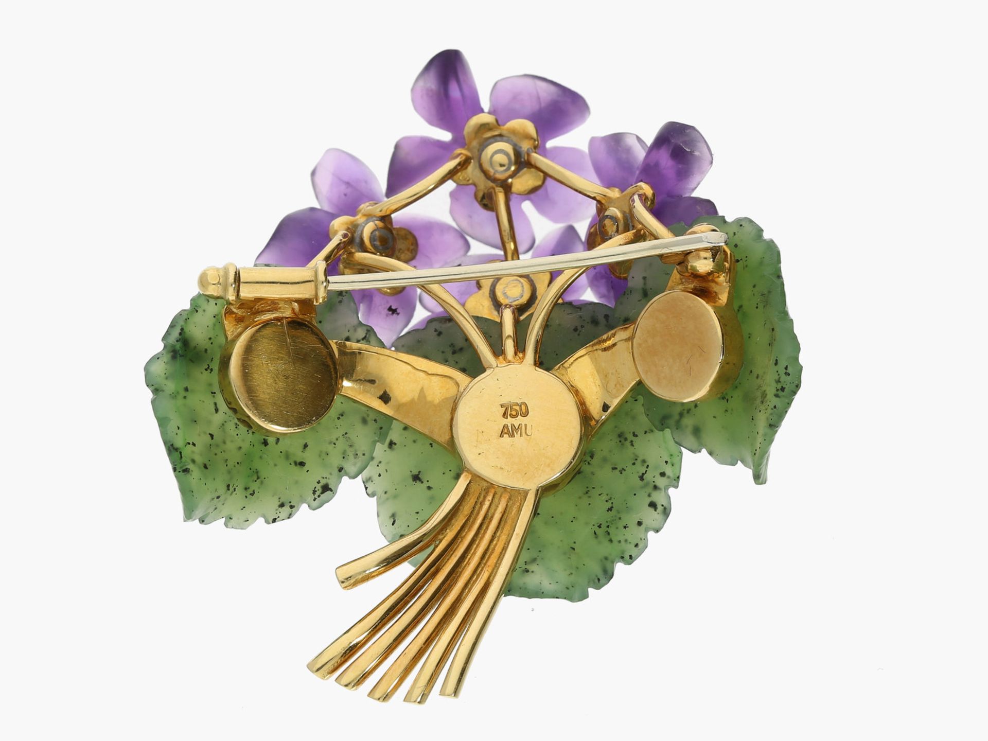 Brosche/Nadel: feine Veilchenbrosche mit Amethyst, Diamanten und Nephrit, hochwertige Goldschmie - Bild 2 aus 2