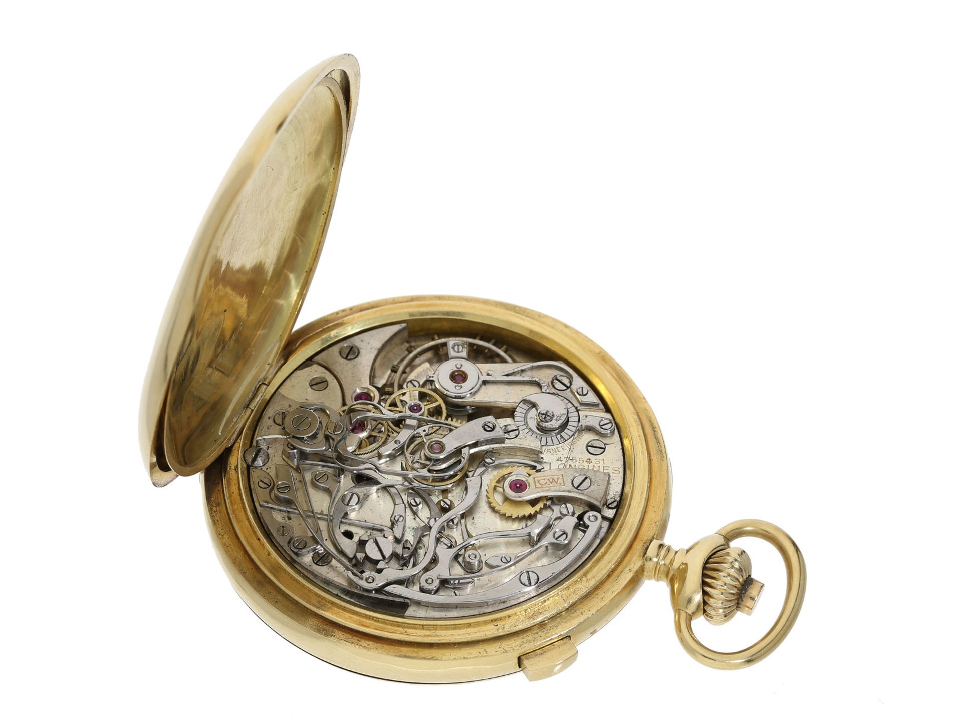 Taschenuhr: hochfeiner und sehr seltener goldener Longines Schleppzeigerchronograph mit Register - Image 4 of 4