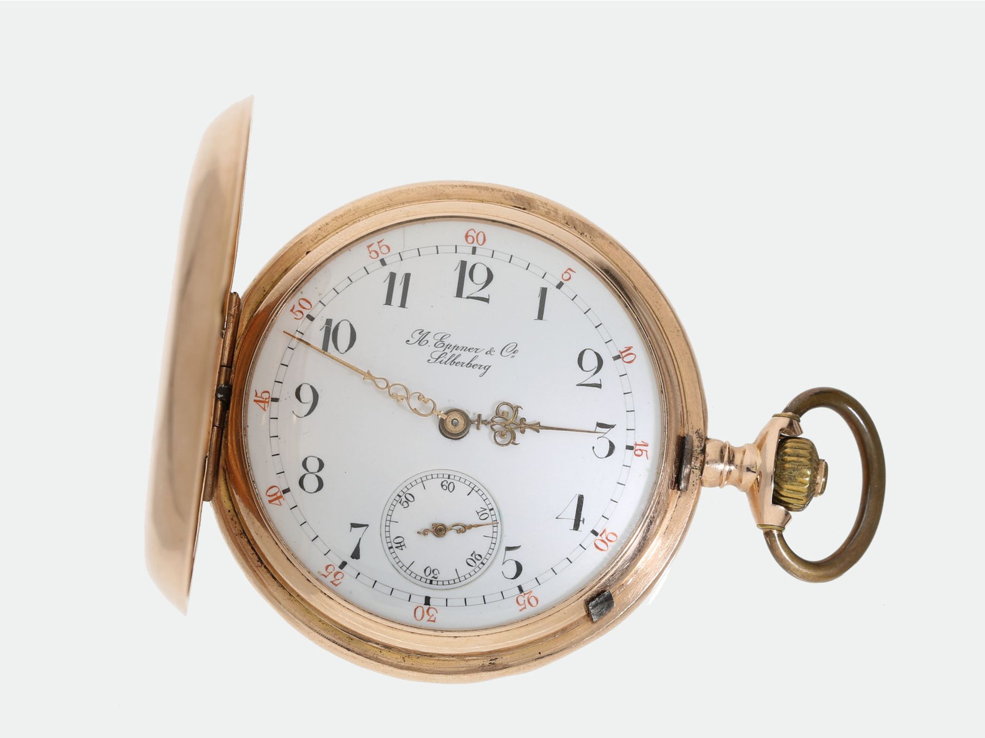 Taschenuhr: interessante goldene Savonnette, 14K Gold, signiert A. Eppner & Co. Silberberg, ca.