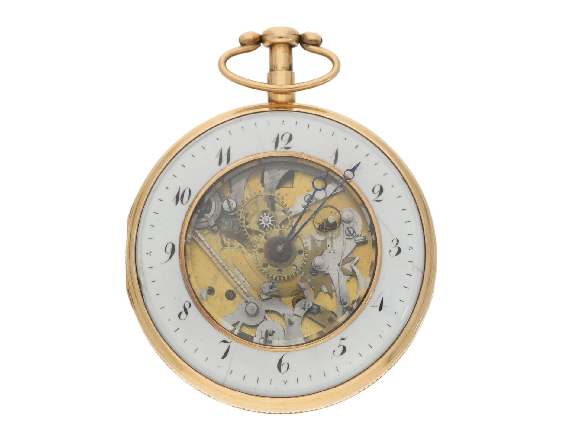 Taschenuhr: hochwertige skelettierte Spindeluhr mit Repetition, 18K Gold, ca. 1820Ca.