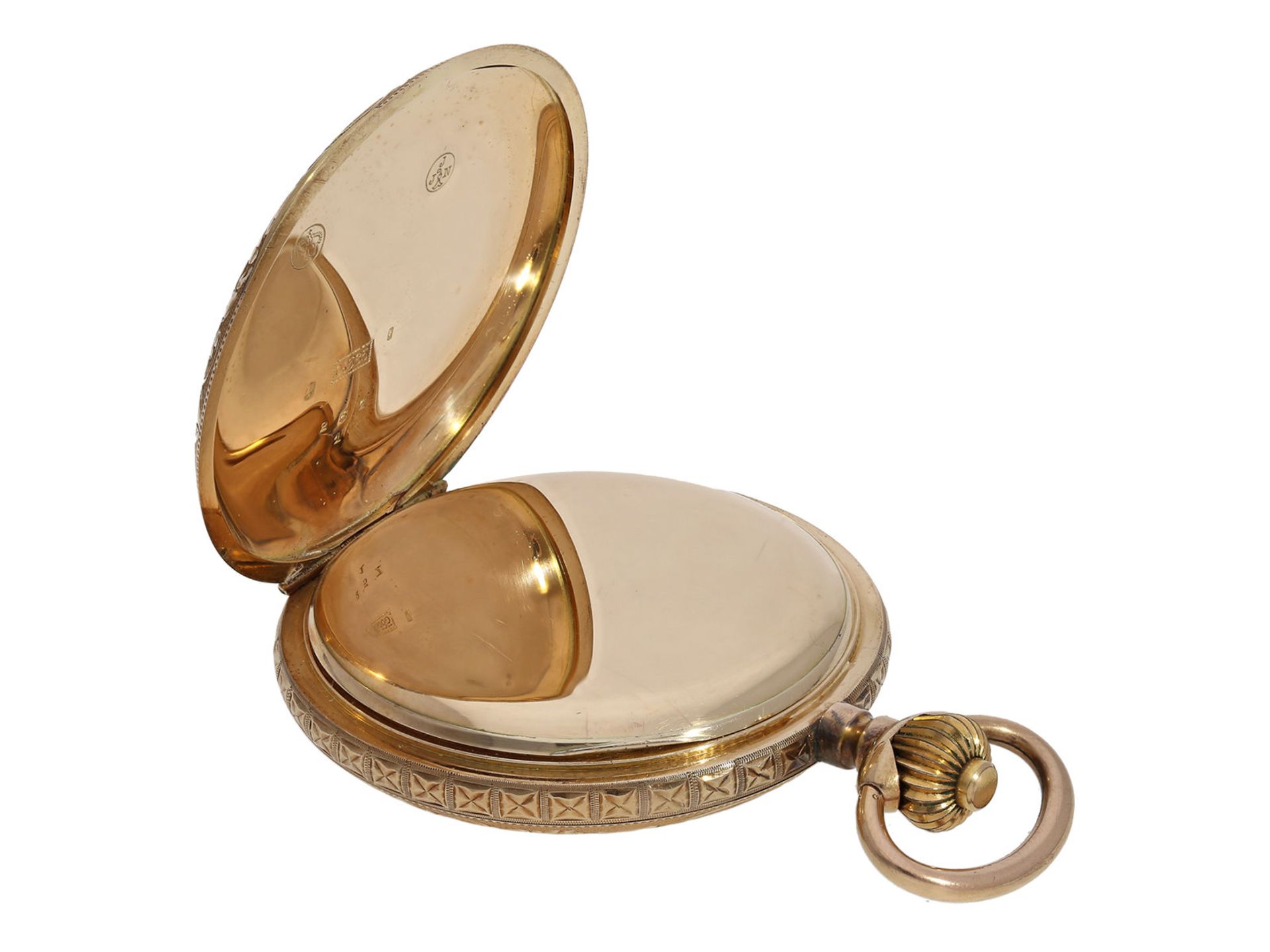 Taschenuhr: außergewöhnliche Prunksavonnette mit einem Goldgehäuse in Ausnahmequalität, J.J. - Bild 5 aus 7