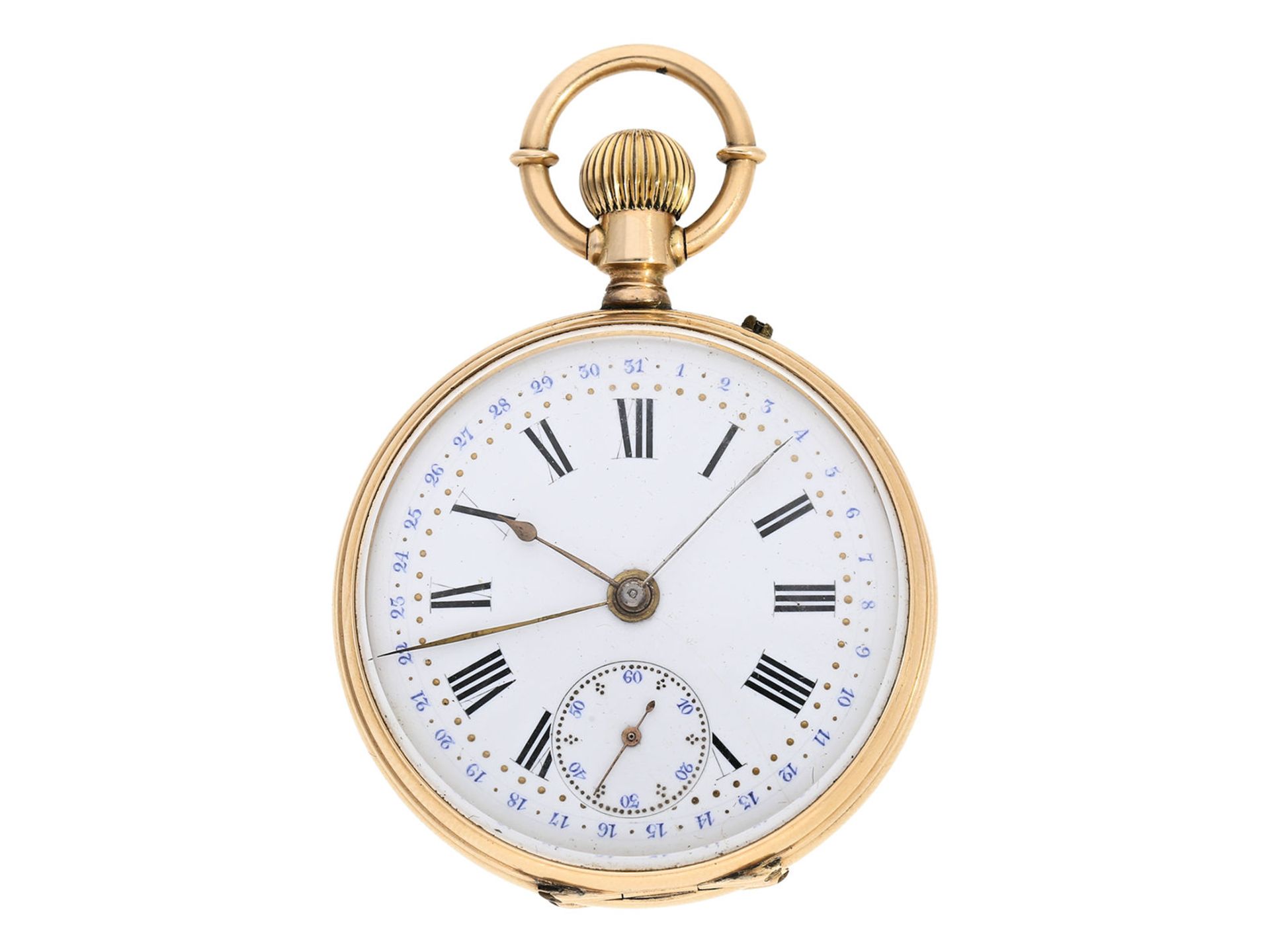 Taschenuhr: interessante, frühe goldene Genfer Kalender-Uhr mit zentralem Zeigerdatum und Präz