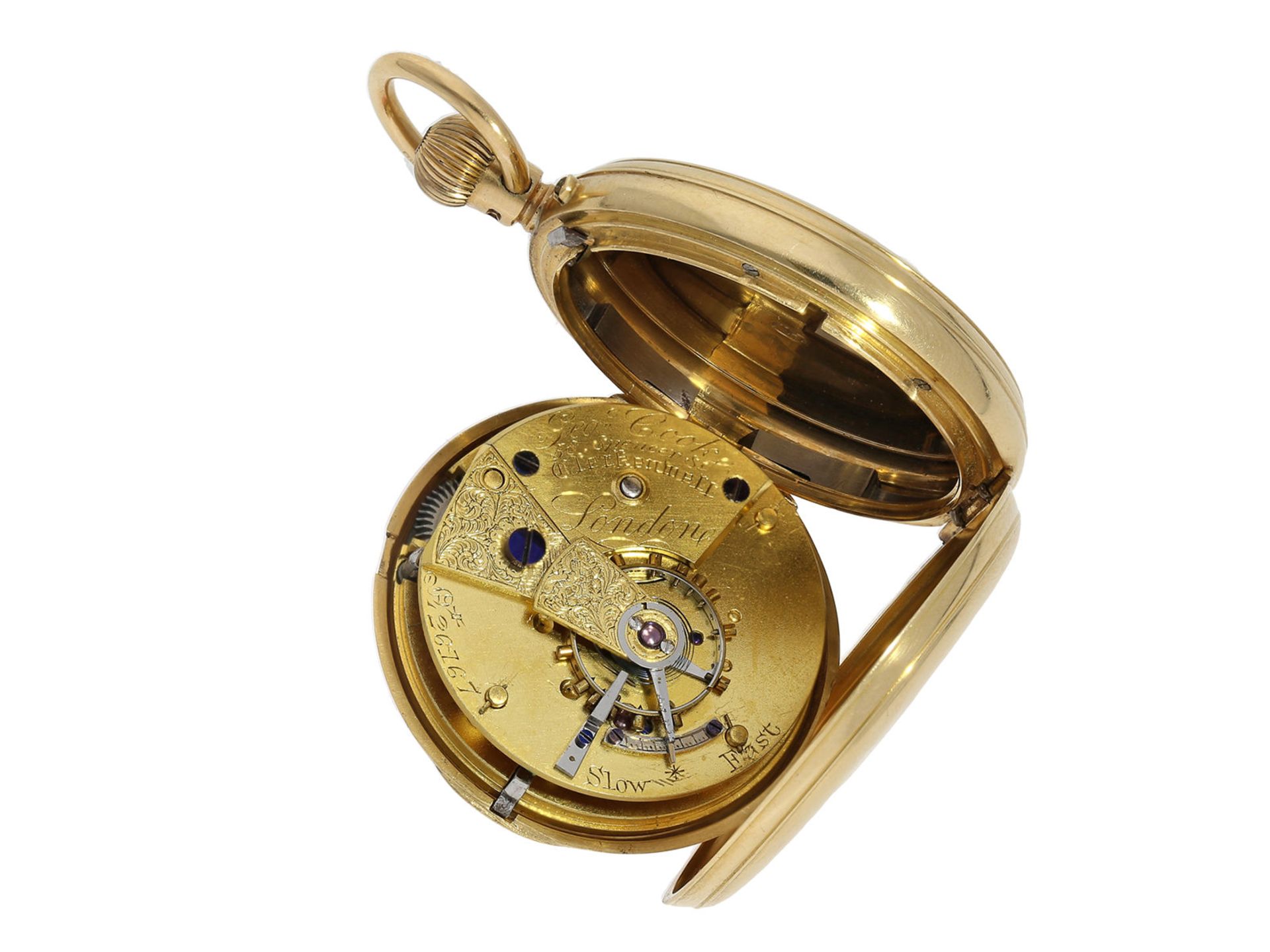 Taschenuhr: feine englische Halb-Savonnette, 18K Gold, George Cook London No.26167, Hallmarks Lo - Bild 4 aus 6