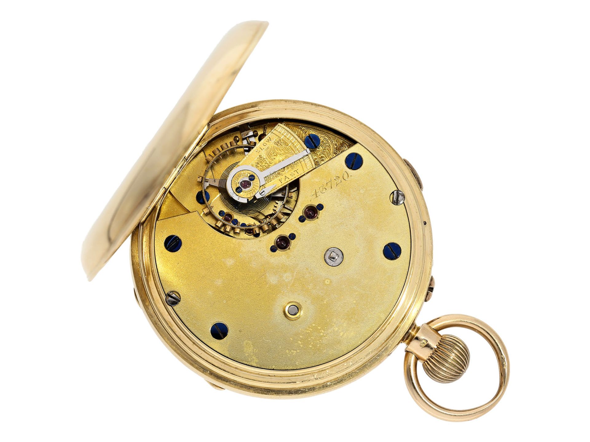 Taschenuhr: schwere englische Beobachtungsuhr mit anhaltbarer Zentralsekunde, 18K Gold, englisch - Bild 2 aus 5