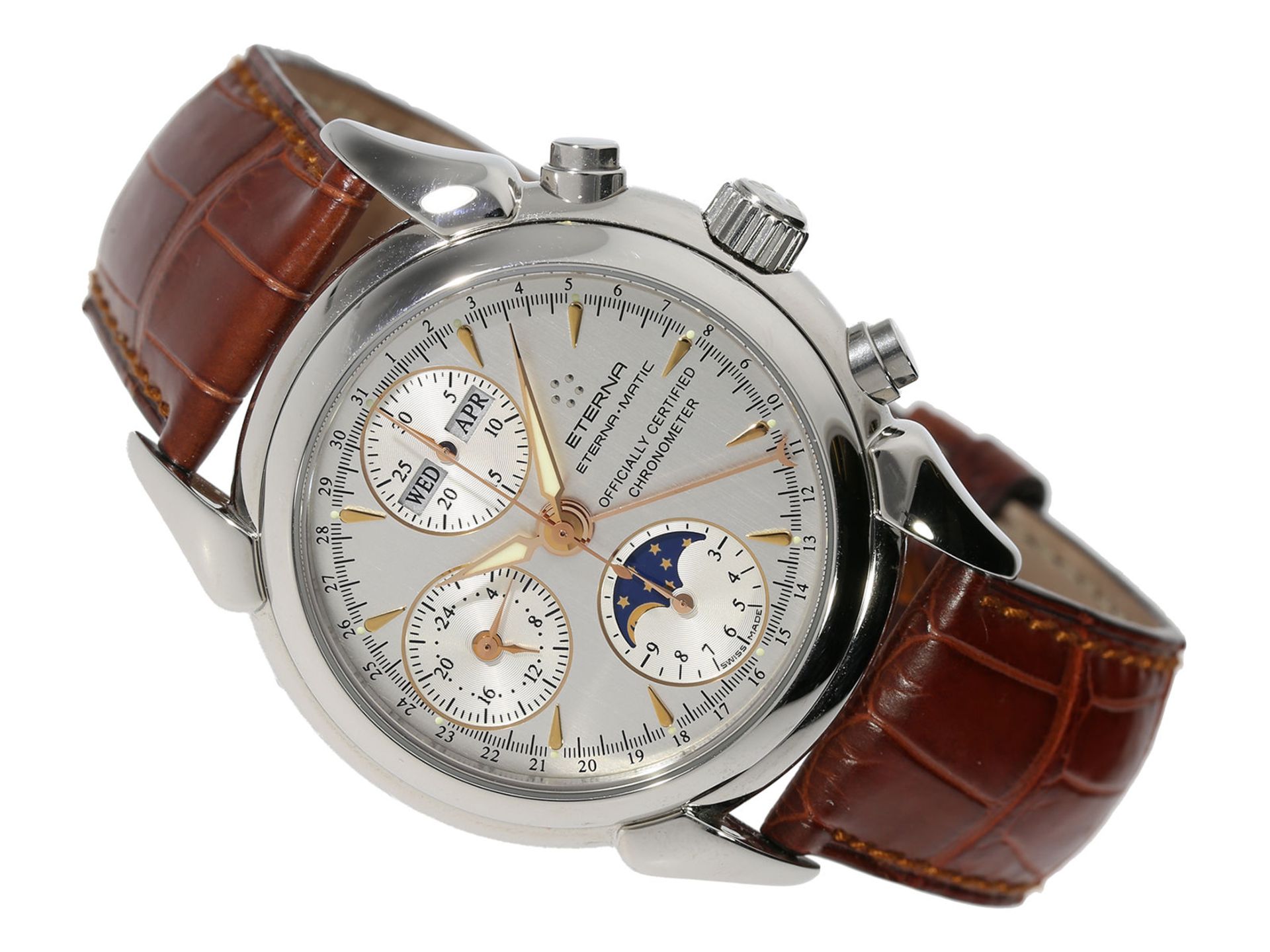 Armbanduhr: äußerst eleganter, astronomischer Stahl-Chronograph in Chronometerqualität, Etern