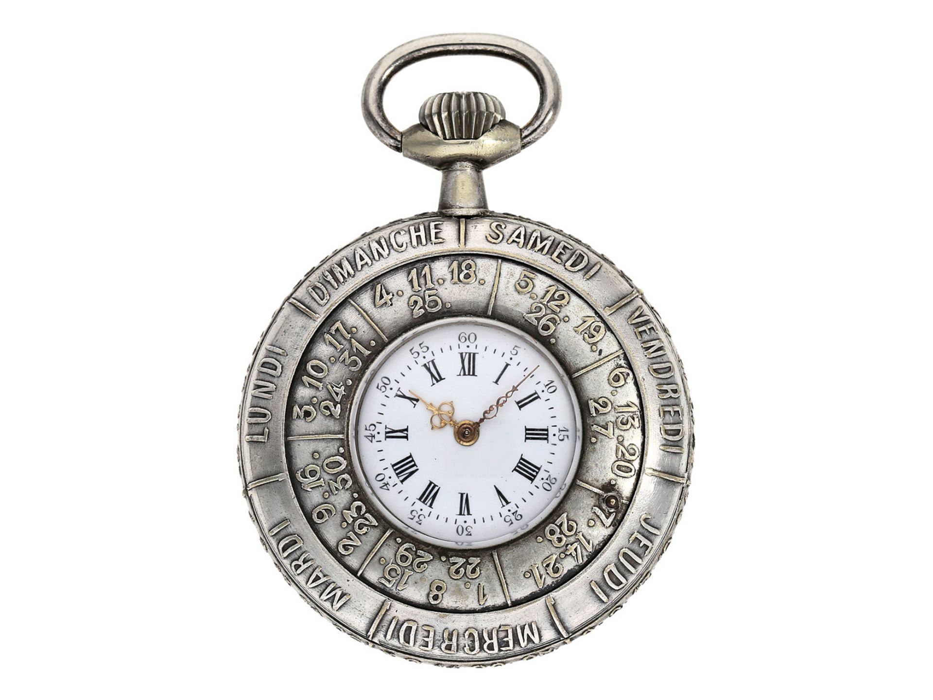 Taschenuhr: sehr seltene Taschenuhr mit beidseitigem, manuellen Jahreskalender, Frankreich um 19