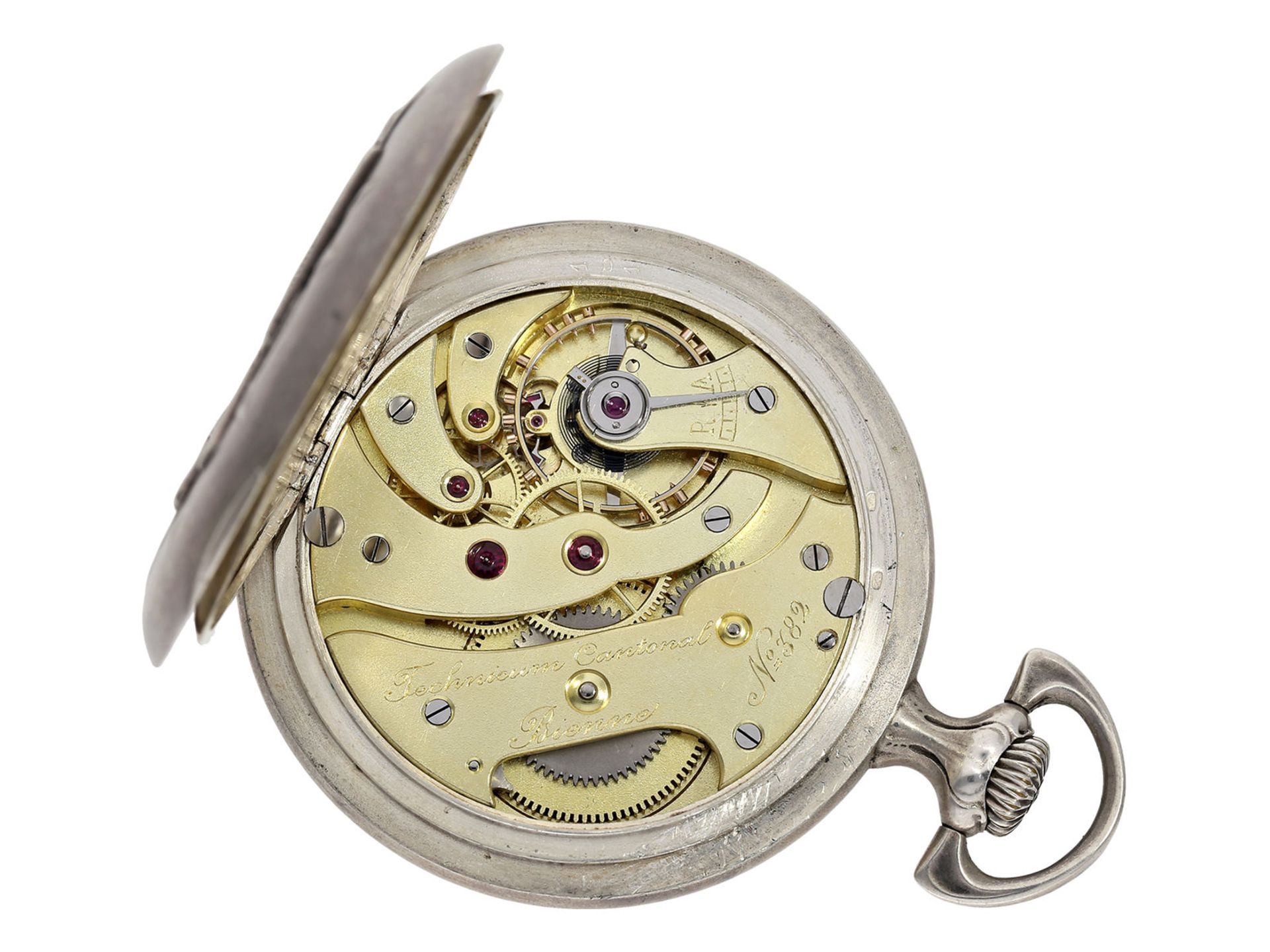 Taschenuhr: einzigartiges Chronometer mit Jugendstil-Reliefgehäuse, Schuluhr "Technicum Cantona - Bild 3 aus 5