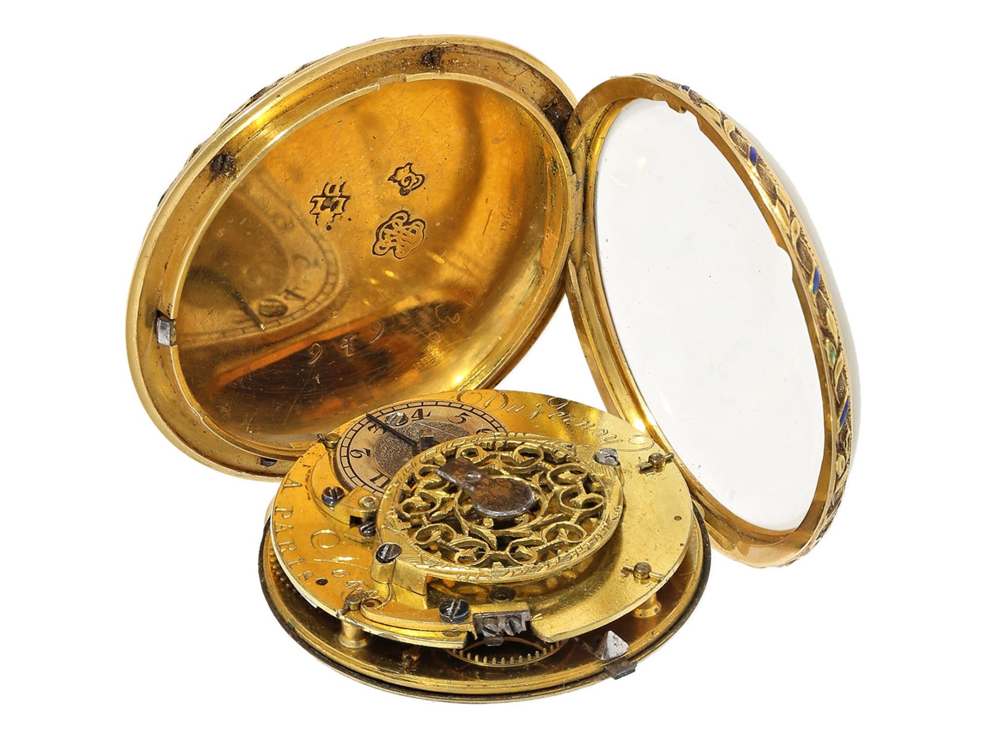 Taschenuhr: sehr schöne Gold/Emaille-Lepine von feiner Qualität, David Frederic Duvernoy a Par - Bild 3 aus 3