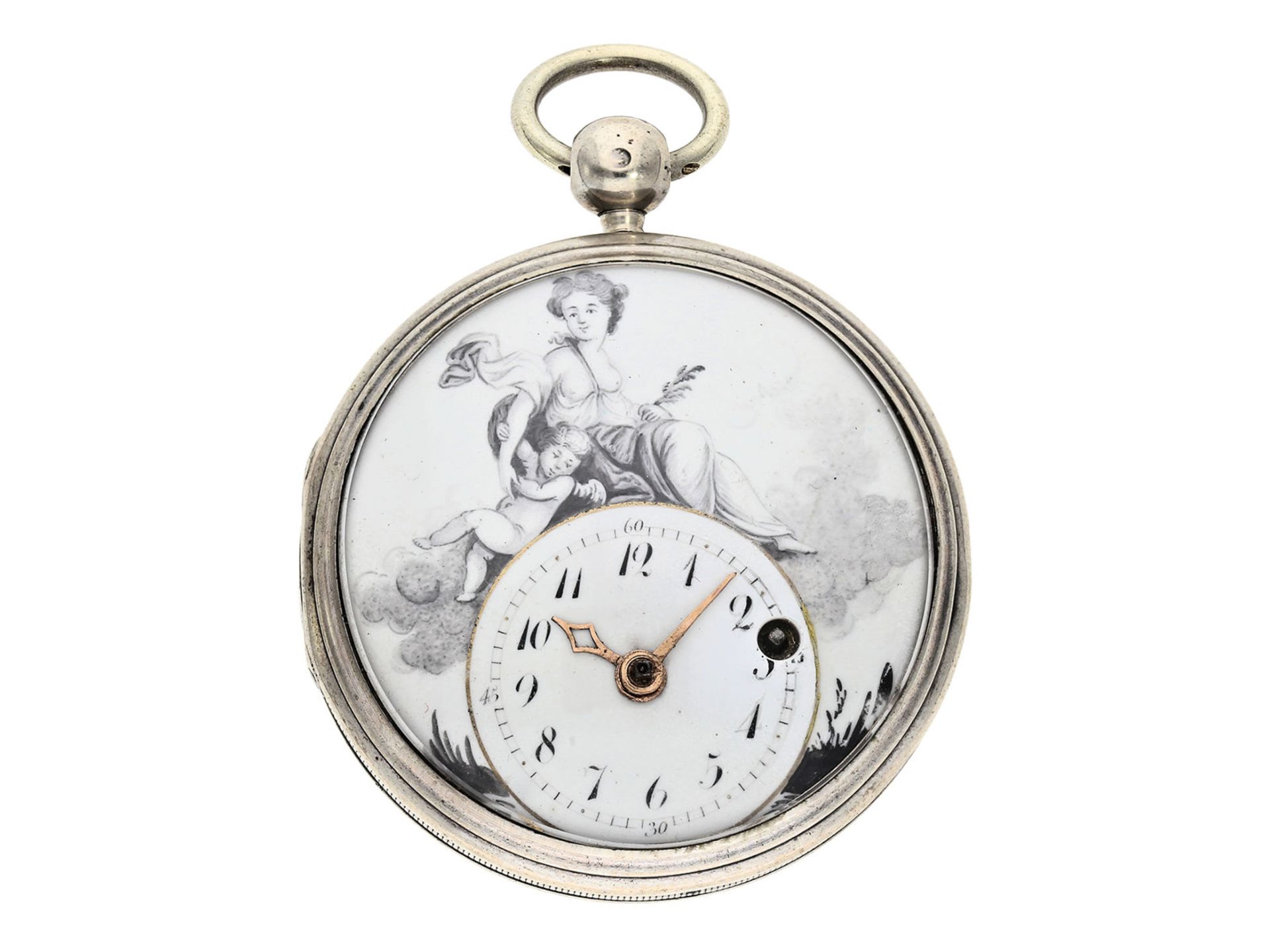 Taschenuhr: prächtige Spindeluhr mit "en grisaille"-Emaille-Malerei, signiert Du Bois Paris No.