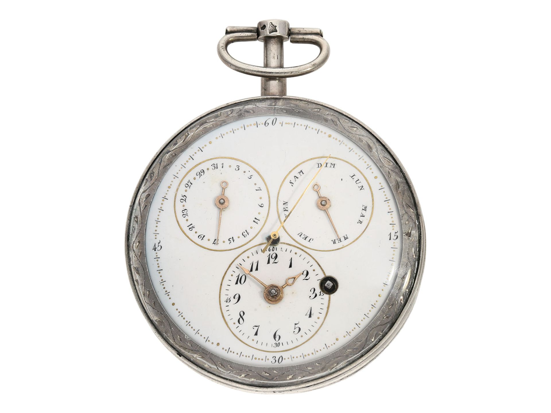 Pocket watch: rare verge watch with calendar and centre seconds, probably France around 1800