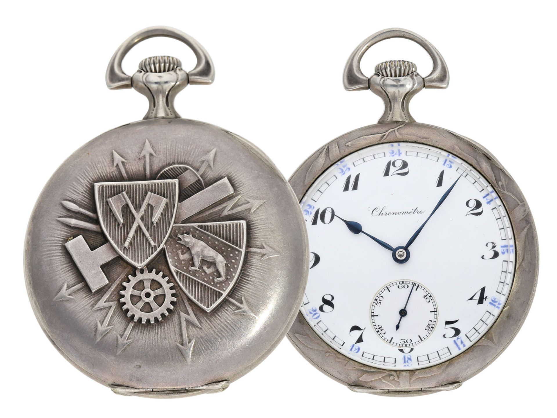 Taschenuhr: einzigartiges Chronometer mit Jugendstil-Reliefgehäuse, Schuluhr "Technicum Cantona