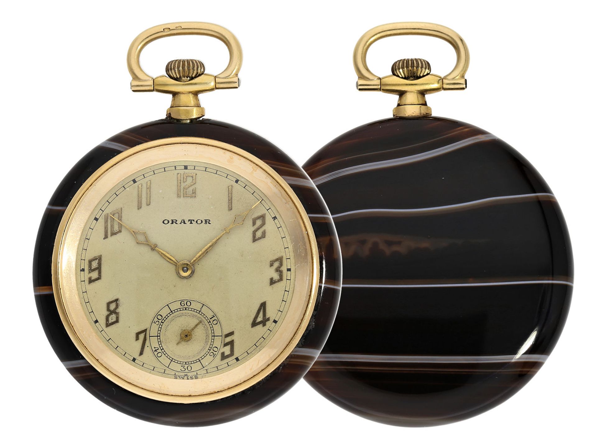 Pocket watch: Art déco dress watch in rare agate gold case, ca. 1925